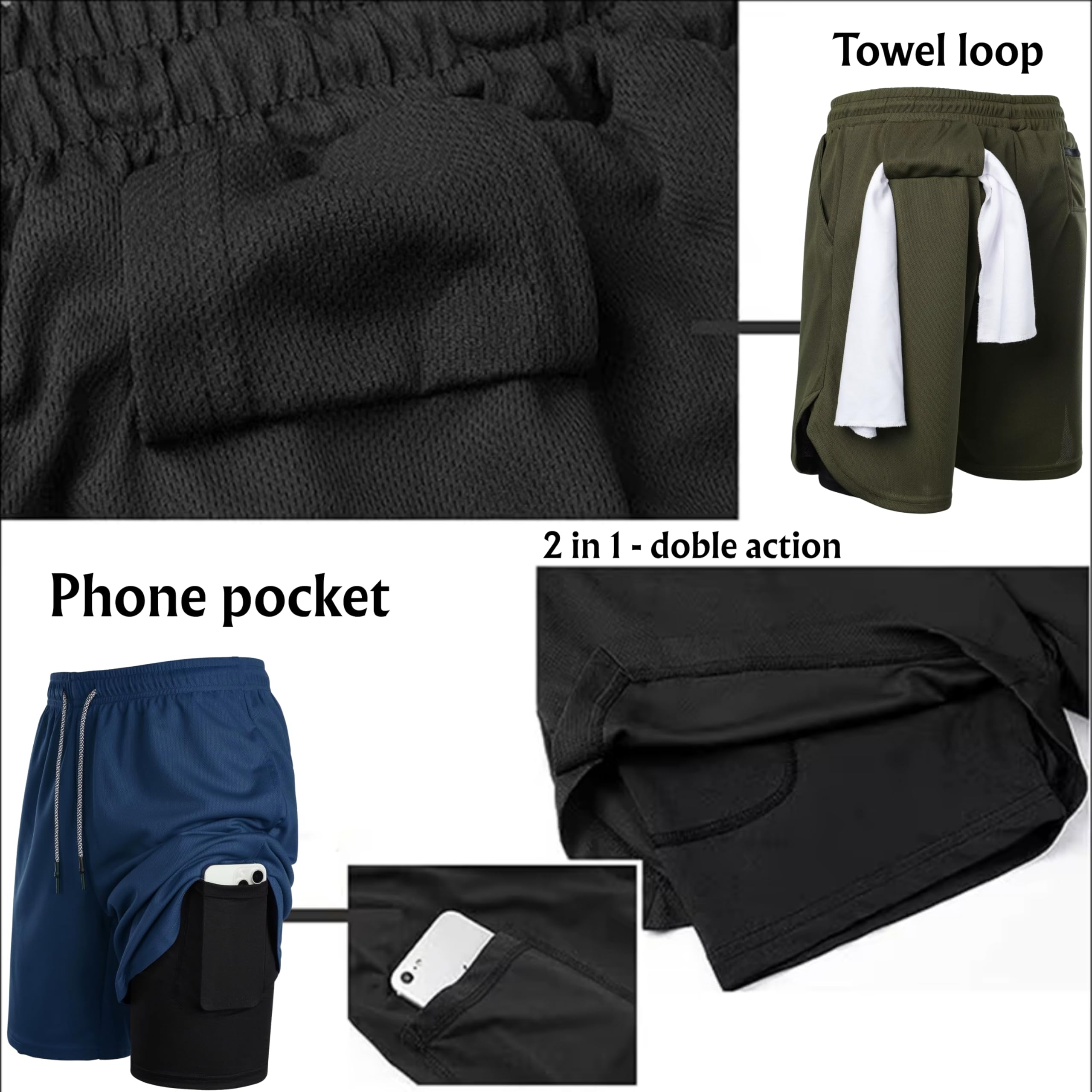 Genérico Lot de 3 shorts de sport 2 en 1 avec maille de compression interne, résistants et respirants pour gym, crossfit, course à pied, padel