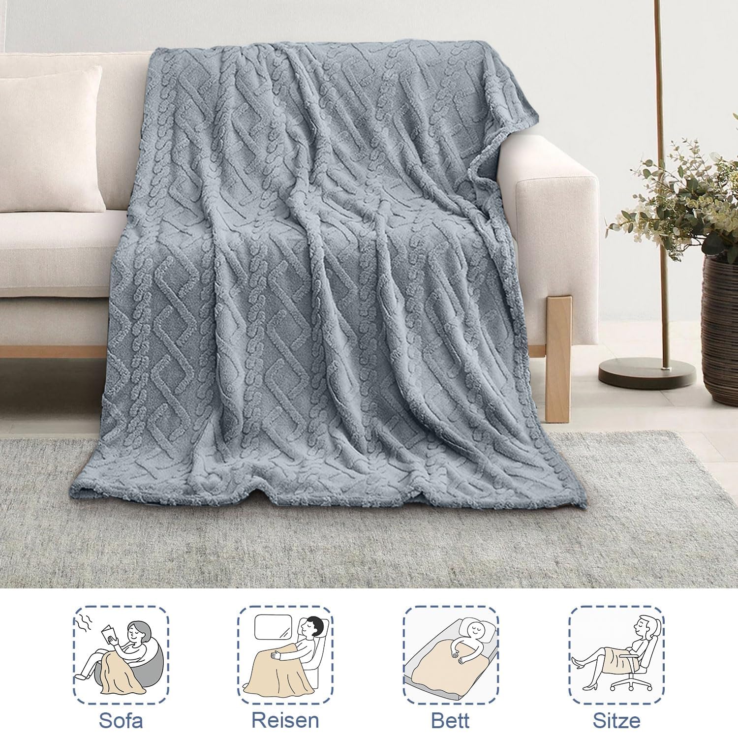 Koc przytulny, miękki i ciepły koc polarowy 150CM x200CM, koc kąpiełowy, koc na kanapę, łóżko, biuro, podróże, salon (szaro-niebieski)