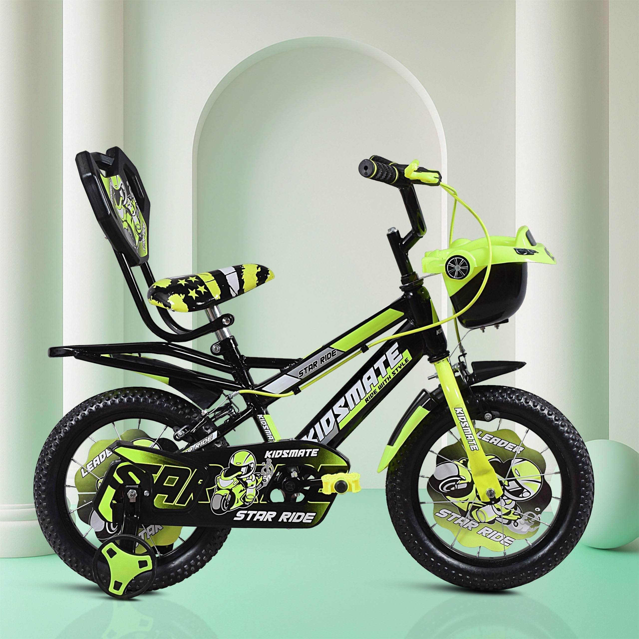 Kidsmate Star Ride 14T Kids Bicycle with Training Wheels | Cycle for Kids Featuring Front Basket, Adjustable Seat & Strong Steel Frame | Perfect First Ride Kids Cycle for 2-5 Years - Neon Green-image-25
