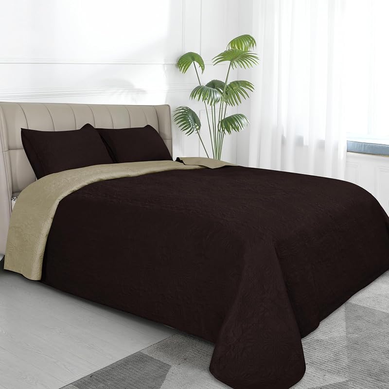 Juego de edredón reversible sencillo Full/Queen, colcha con 2 fundas | Damasco-Chocolate/Beige, edredón de cama ligero, 1 edredón + 2 fundas de almohada, colchas para dormitorio para todas las estaciones