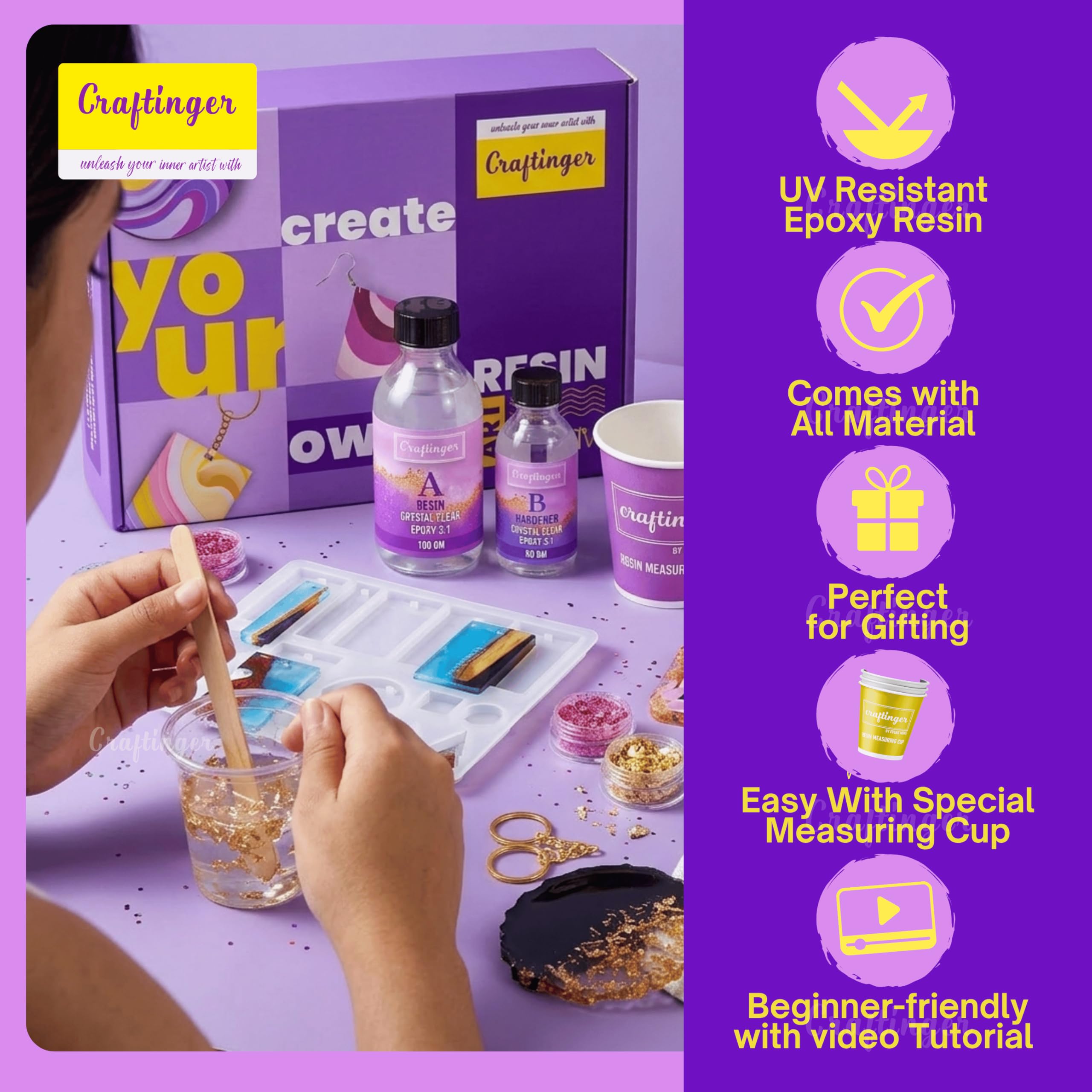 Craftinger Upgraded All in one Kit with 200Gm Resin & 5 Moulds for Keychain Pendant Earring Bookmark Making Kit, multicolor 1