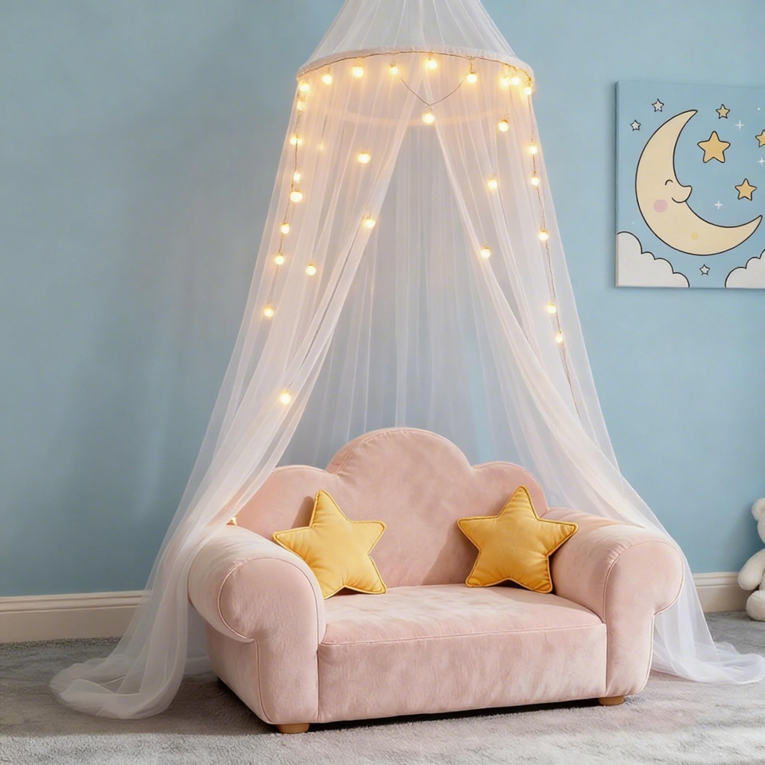 Wnqou Rainbow Bed Canopy for Girls,X-Large Princess Canopy Hanging Netting Bedroom Decor for Girls Mosquito Net for Baby Crib Twin to King Size Bed (White+Lights) - Image 3