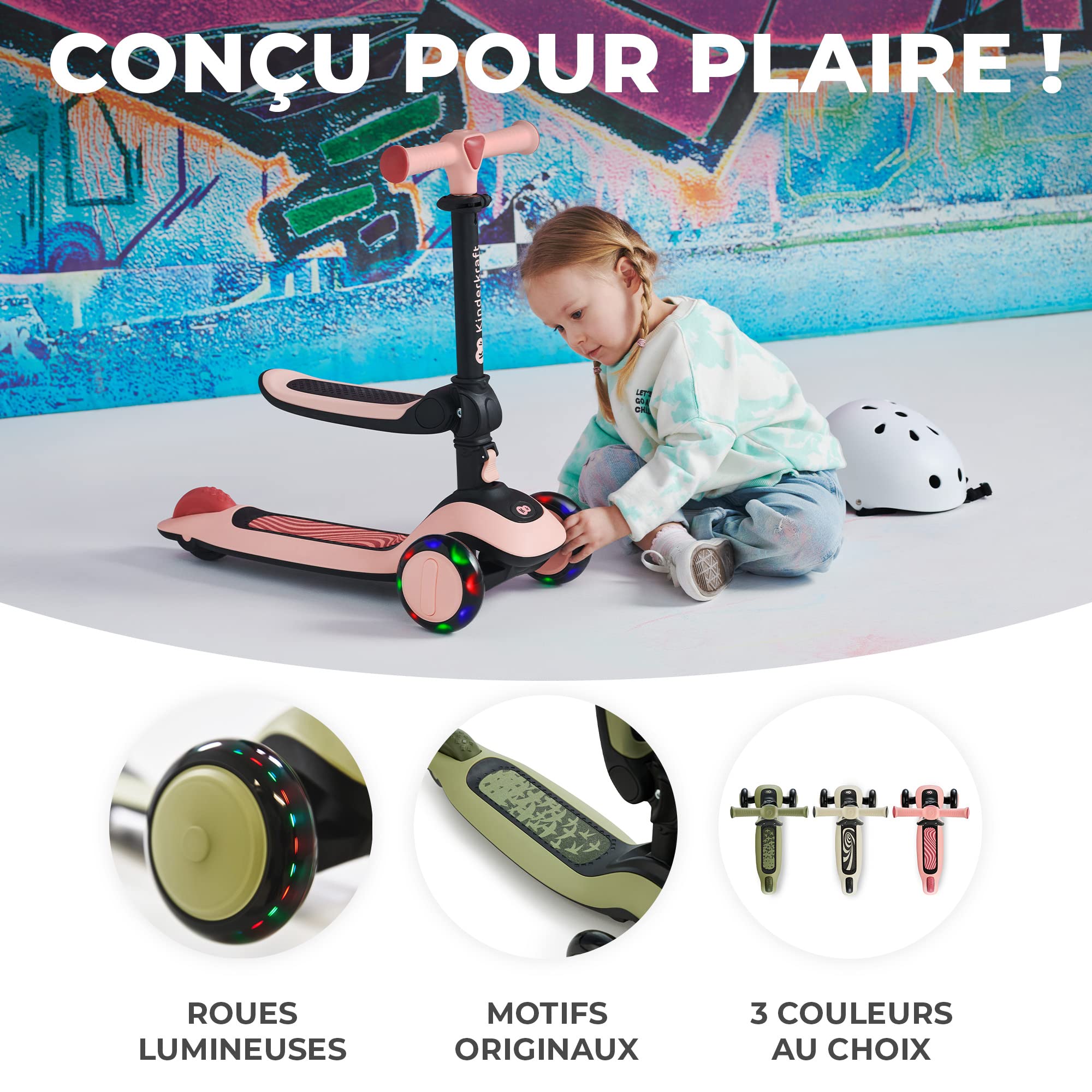Kinderkraft Halley, Trottinette, Draisienne, Patinette, Scooter, Multifonctionnel, Moderne, Trois Roues, Réglable, LED Roues, Frein, 2 Ans jusqu'à 50 kg, Vert