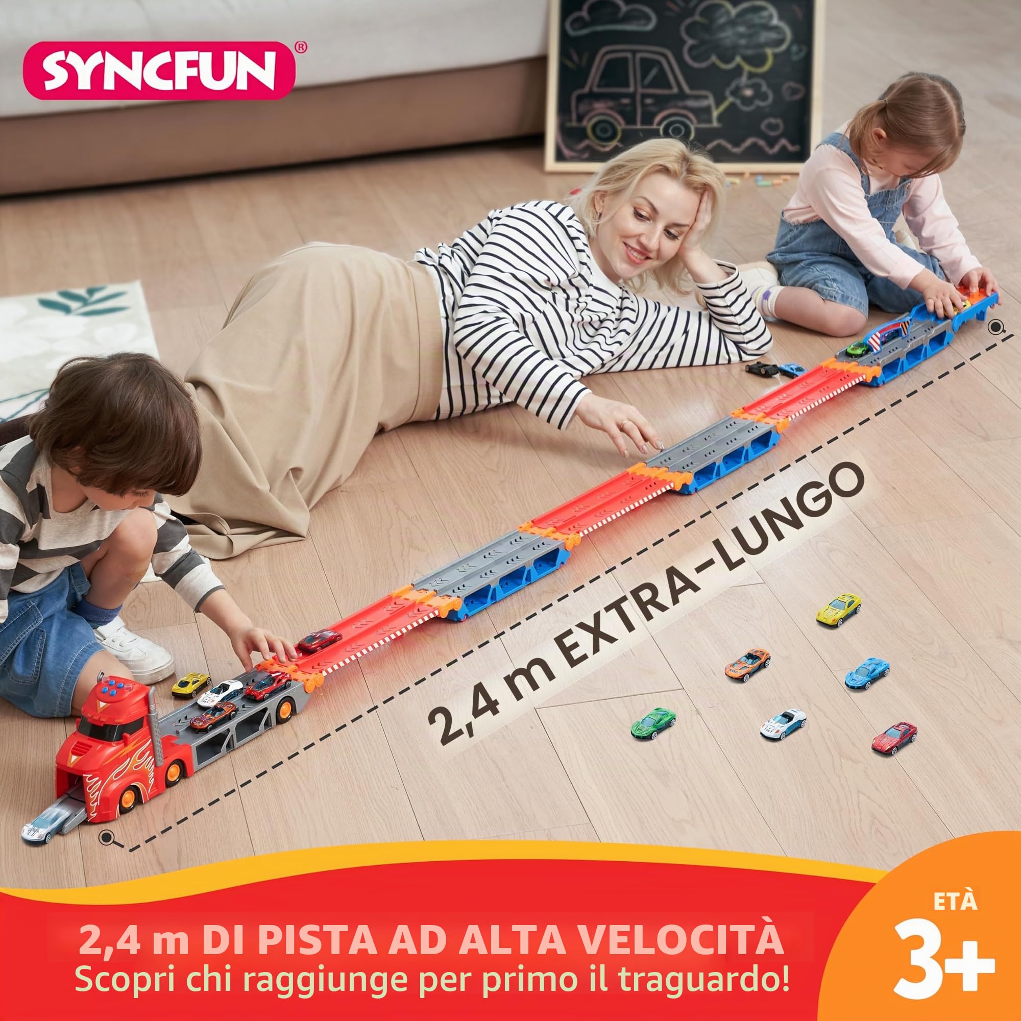 SYNCFUN Transport Race Truck Toy Cars, giocattolo da camion da pista da corsa gigante da 2,4 m, pieghevole a 3 strati con 12 auto, luci e suoni, regalo per 3, 4, 5, 6, 7 anni, ragazzi