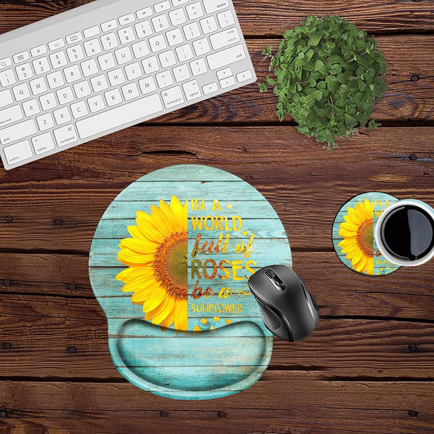 Ergonomic Mouse Pad with Wrist Support Gel, Computer Gaming Mousepad Teal Sunflower Wrist Rest Mouse Pads Matching a Cute Coaster for Laptop Office Work Women Men Kids