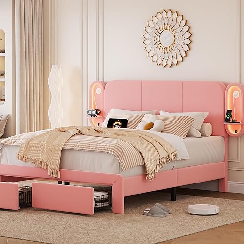Miniatura 8 de Base de cama tapizada tamaño Queen con 2 cajones de almacenamiento y cabecera de estante lateral, marco de cama de terciopelo con luces LED, puerto