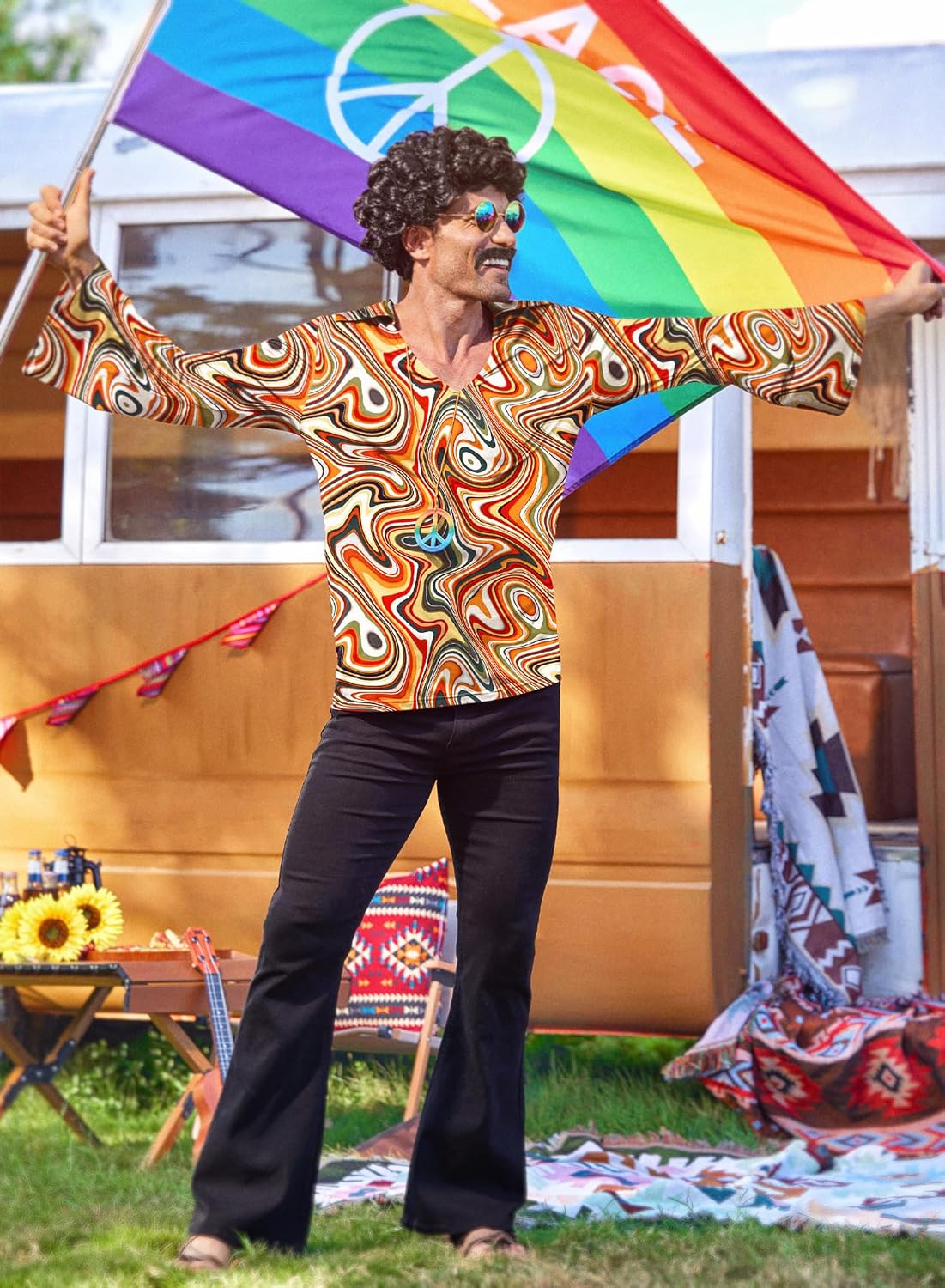 Mainfini 5 Pcs Mens Hippie 70s Halloween Costume Floral Retro Disco Outfit
