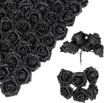 Black Glitter Roses,60PCS Fake Glitter Flowers Bouquet for DIY Wedding Home Party Christmas Halloween DecorationBlack