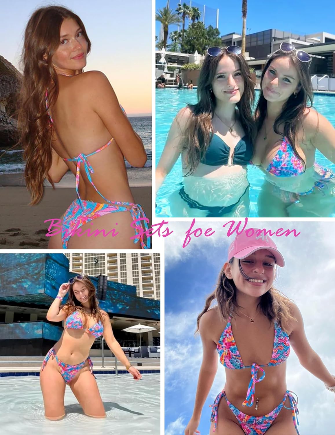 Bikini Sets for Women Retro Smocked Floral Halter Swimsuit Sexy Textured Boho Bathing Suit High Cut Cheeky Swimwear
