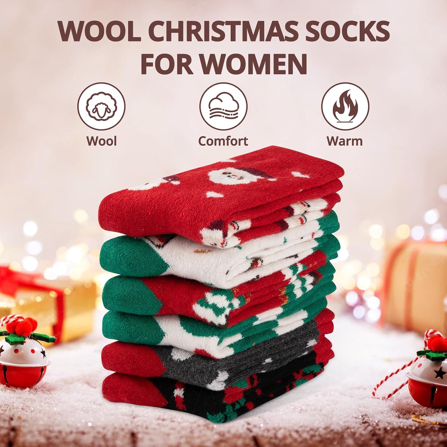 eallco Christmas Socks for Women Funny Cute Wool Socks Crew Novelty Socks Xmas Christmas Gift 6 Pairs