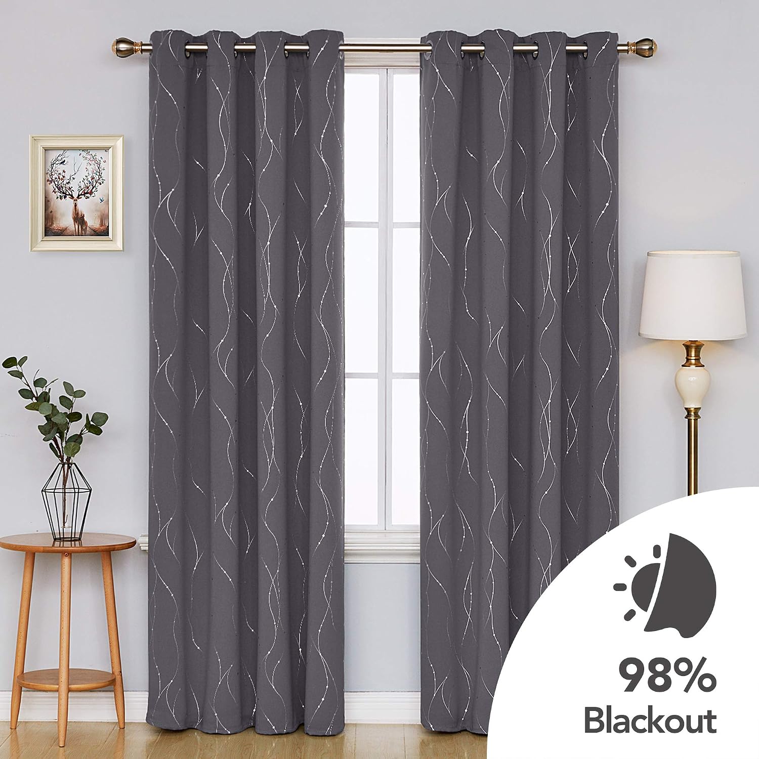 Deconovo Decorative Blackout Curtains Thermal Insulated Curtains Foil Dotted Line Printed Eyelet Curtains for Boys Bedroom Dark Grey W55 xL96 One Pair - Image 3