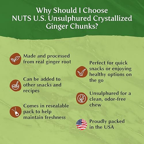 Miniatura 6 de NUTS U.S. - Trozos de jengibre cristalizado sin sulfurar, sin colores artificiales, jengibre seco fresco y delicioso en bolsa resellable