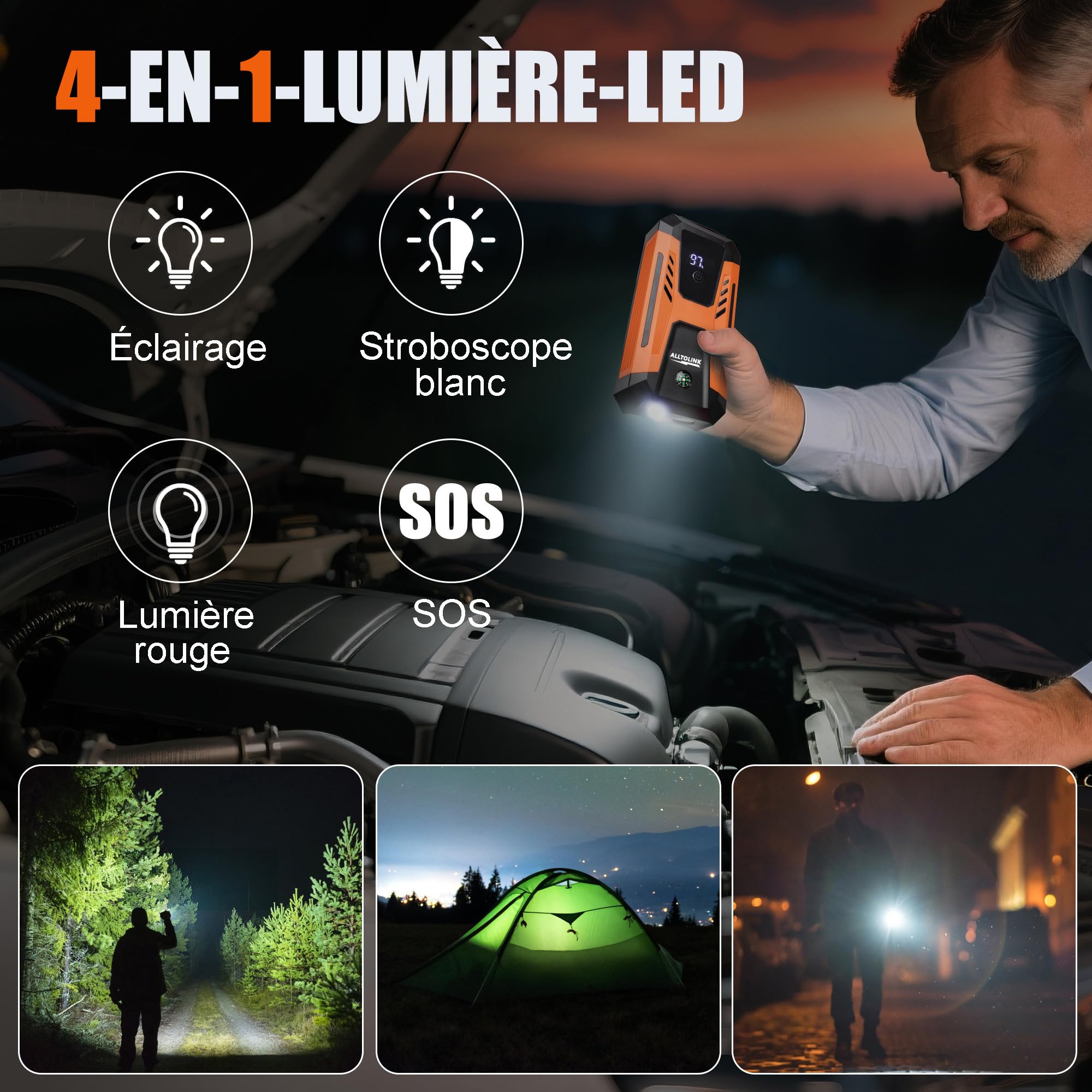 Booster Batterie Voiture 3000A 26640mWh,Charge Rapide 20W,12V Démarreur de Voiture Portable(pour Esence & Diesel), Jump Starter avec Écran, Lumière LED à 4 Modes