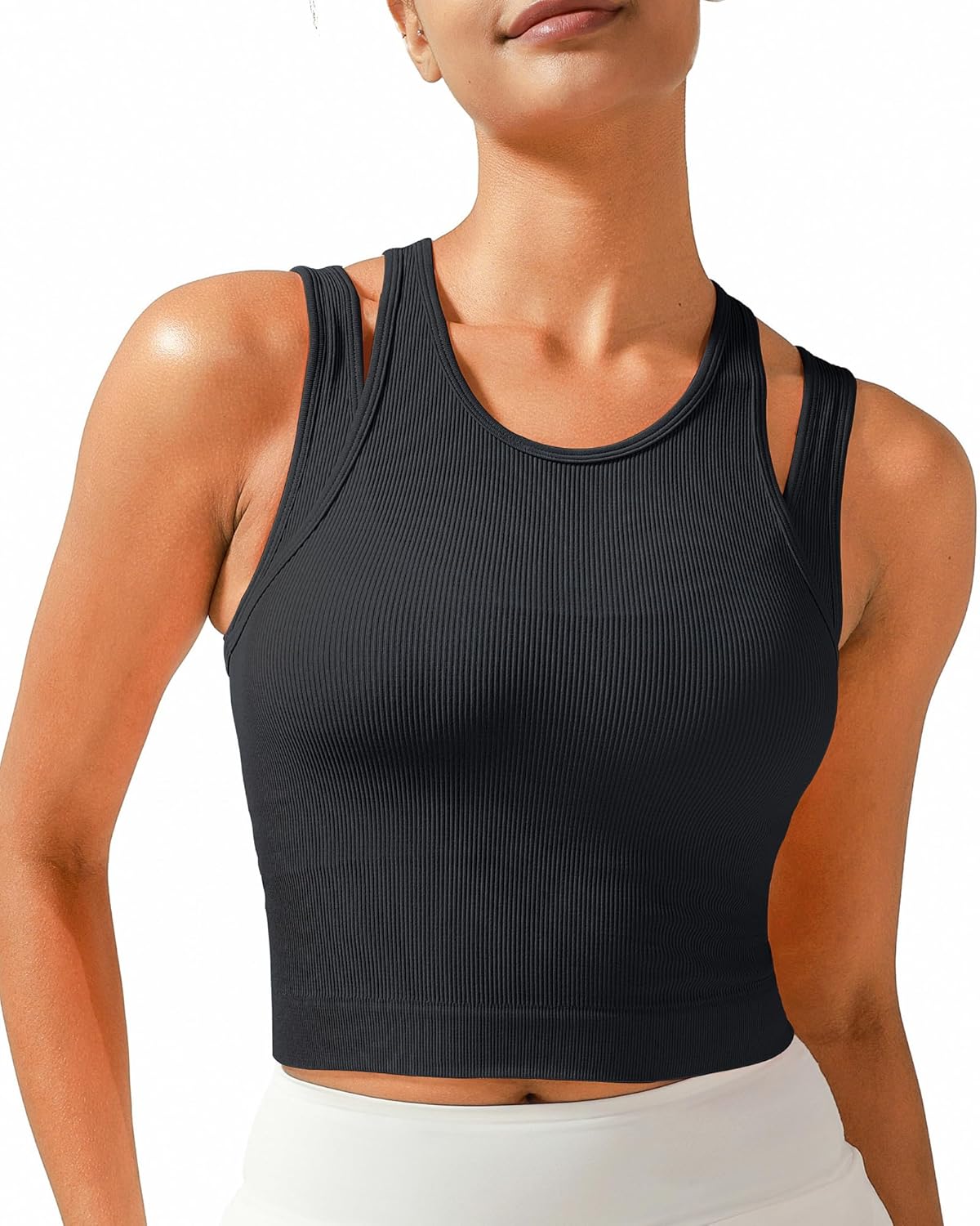 RUNNING GIRL Sports Bras for Women High Impact Seamless Ribbed Longline High Neck Workout Crop Tank Tops Padded