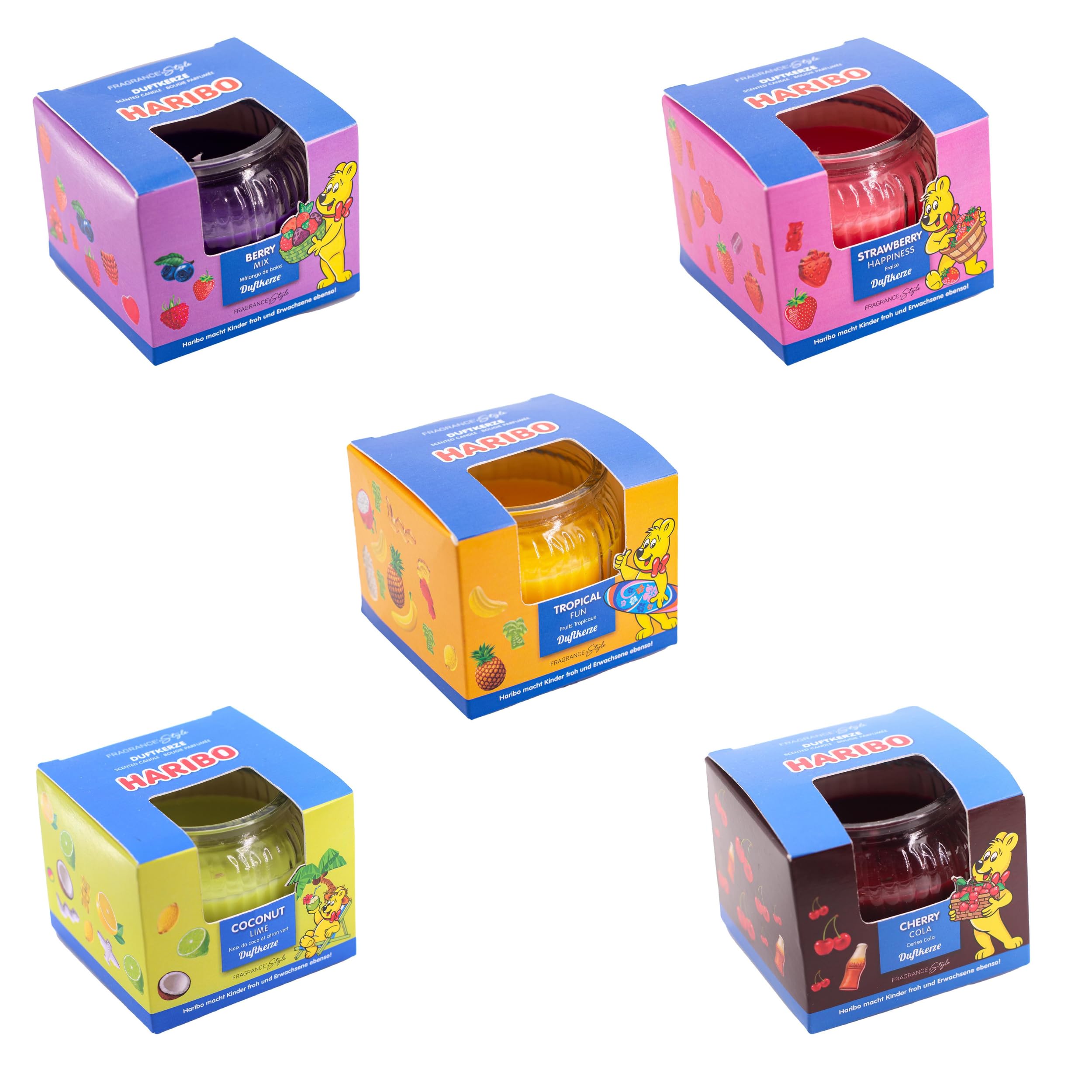 Haribo kleine Duftkerze im Glas | 5er Set Kerze im Geschenkkarton | kleine Duftkerze mit Brenndauer von bis zu 20h | 5 Düfte für Zuhause