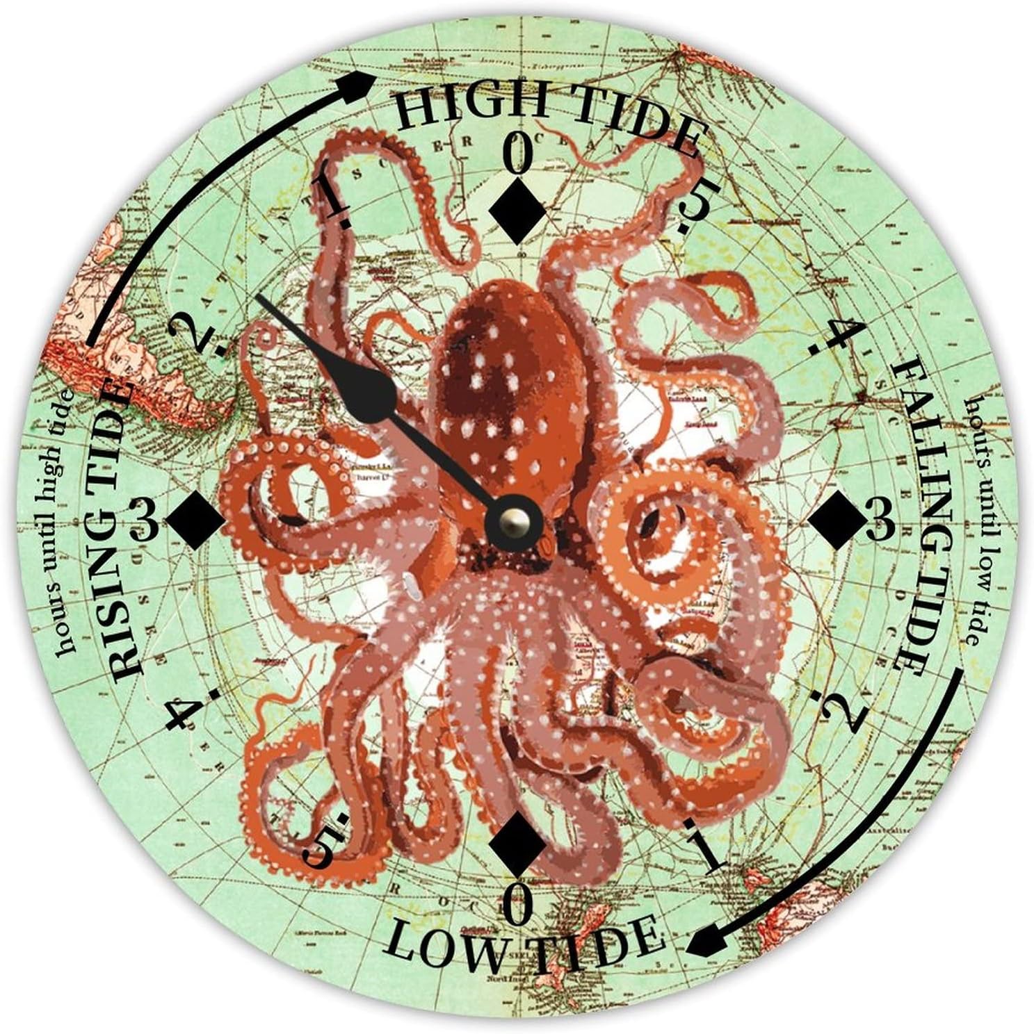 Retro Ocean Octopus Tide Clock Silent Non-Ticking Battery Operated Wooden Moon Tidal Clock Wood Wall Art Nautical Tide Movement Clock for Restaurant Living Room Home Decor 15 Inch