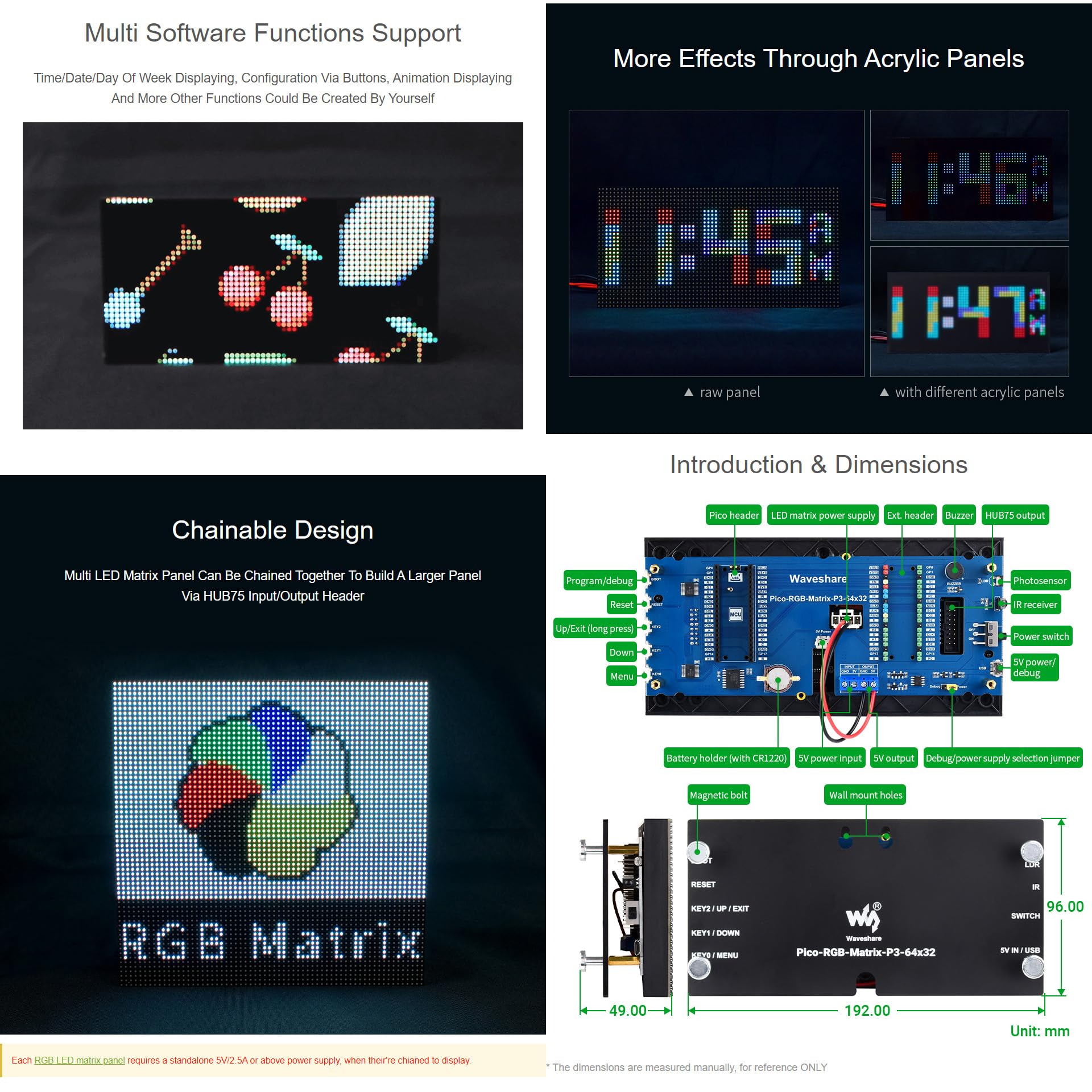Waveshare RGB Full-Color Multi-Features Digital Clock For Raspberry Pi Pico 64×32 RGB Matrix Accurate RTC Multiple Functions Like Time/Date/Temperature Display etc.
