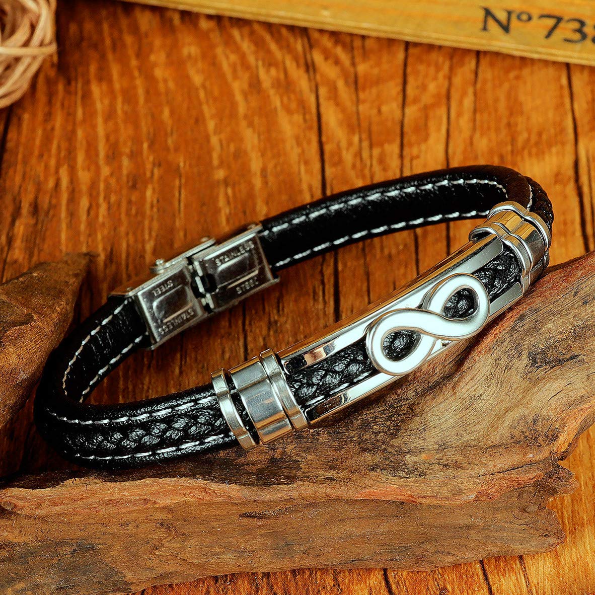 ATEIELLI Bracciale Uomo Infinito Acciaio Inossidabile Pelle 21.5cm Regolabile B310
