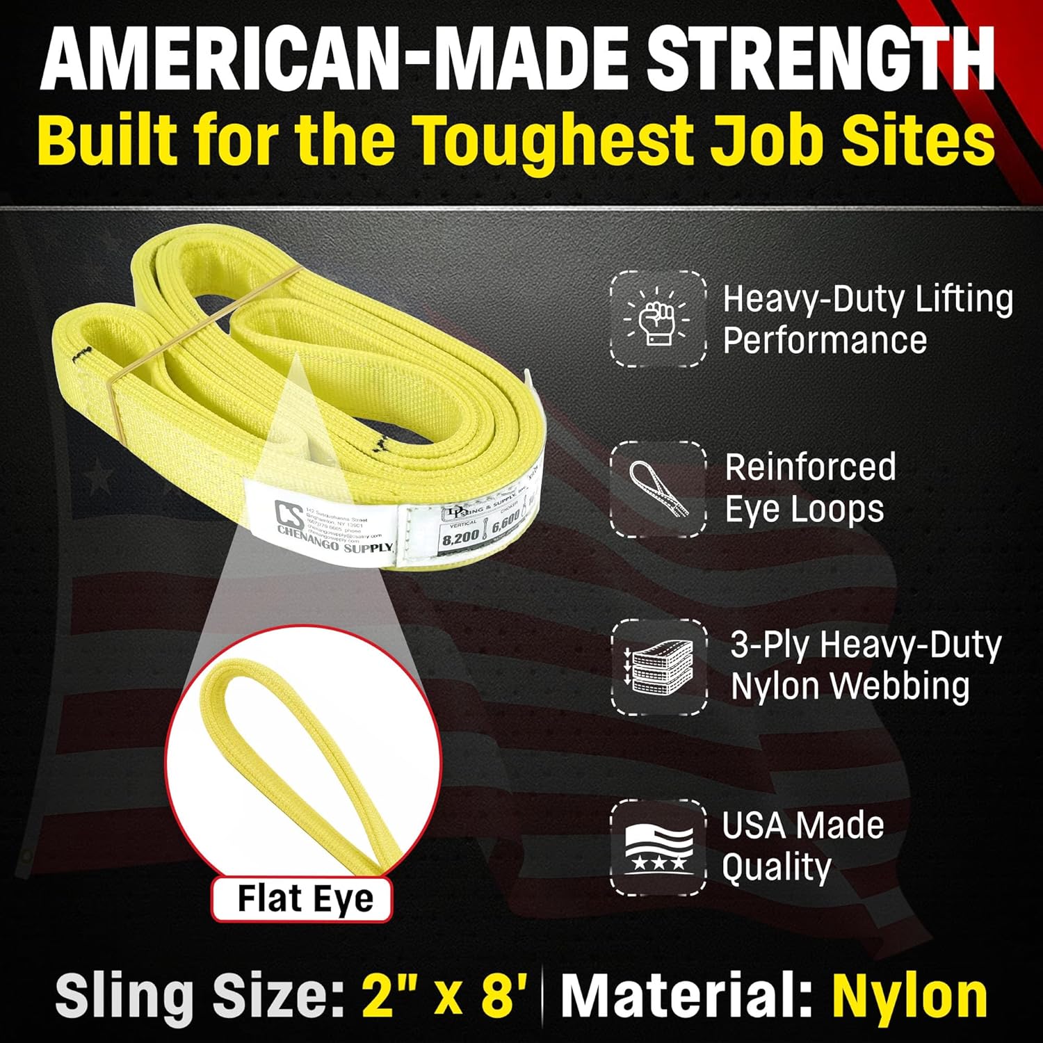 Chenango Supply 2" x 8' Nylon Lifting Web Sling – USA Made, 12,300 lb Vertical, 9,900 lb Choker, 24,600 lb Basket – 3 Ply Heavy Duty 900 Webbing, Type 3 Flat Eye & Eye Rigging Sling (2" x8')