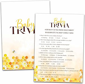 Baby Shower Party Games, Baby Trivia Minimal Baby Shower Game, 25 Honey Bee Gender Reveal Party Games Cards 5" X 7", Bumble Bee Baby Shower Supplies Decorations -01