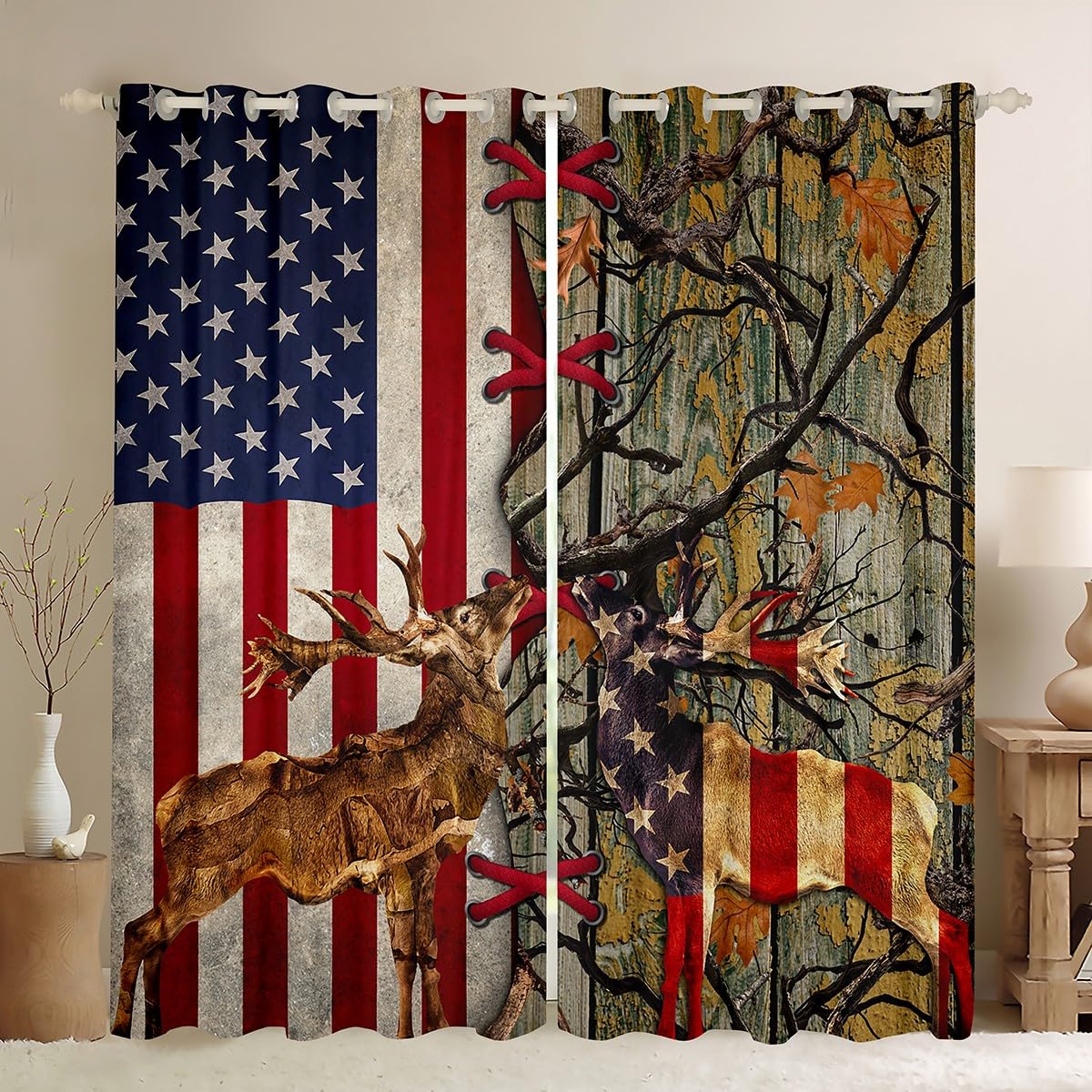 Manfei Deer Blackout Curtain American Flag Wild Animal Window Drapes for Kids Boys Teen Adult Room Decor, Rustic Wooden Window Treatments Grommet Top 2 Panel Set Bedroom Curtains, 66Wx90L inch
