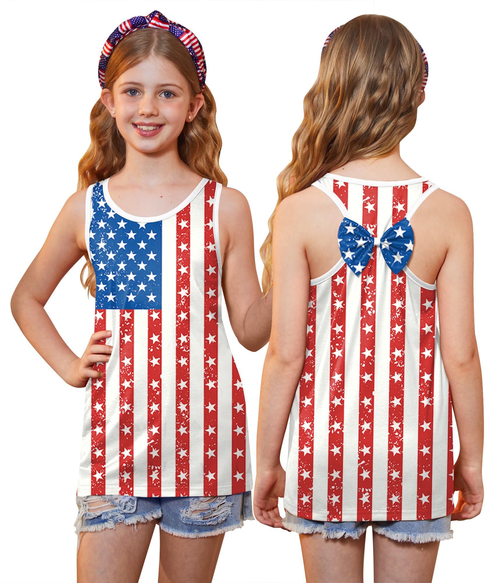 4th of July Girls Flag Tank Top Back Bow Sleeveless Patriotic Holidays T-Shirt 4-14 Years