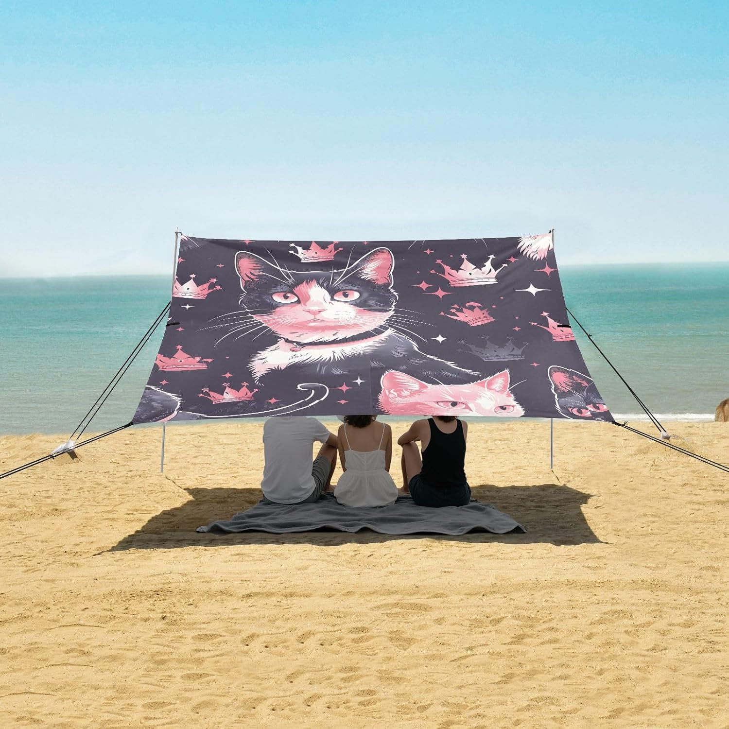 ALAZA Cat Kitten Crown Beach Tent Sun Shelter UPF50+ Protection Beach Shade Canopy w/ 4 Sandbags for Outdoor Camping, Fishing, Backyard Fun, Picnic, 10x9 ft