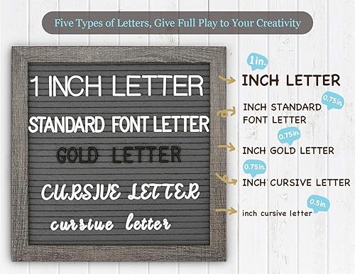 Miniatura 36 de Tablero de letras de fieltro – precortadas y clasificadas, 725 caracteres blancos y dorados, letras cursivas, grandes, cambiables con soporte, Gris