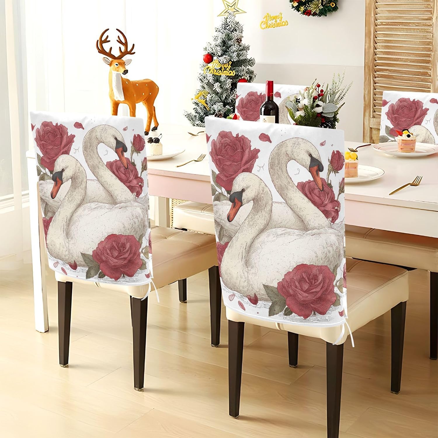 ALAZA Swan and Roses Chair Back Cover Set of 6, Washable Reusable Removable Chair Slipcovers Decorative Chair Cover for Home Kitchen Wedding Party