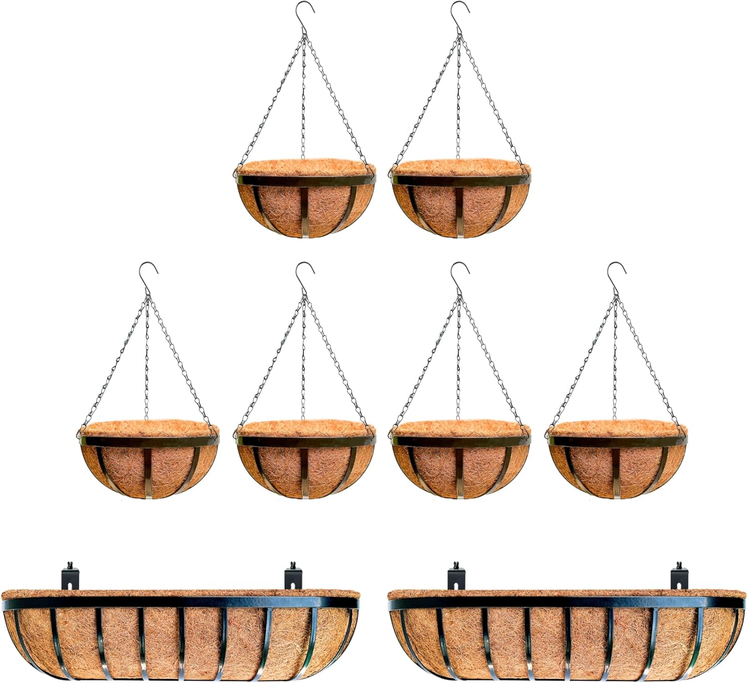 LaLaGreen Bundle- 2 Pack, 30 Inch Rectangular Metal Basket with Coco Liner + 6 Pack, 10 Inch Hanging Basket with Coco Liner Window Flower Plant Pot Box Balcony Porch Deck Rail Patio Outdoor Decoration