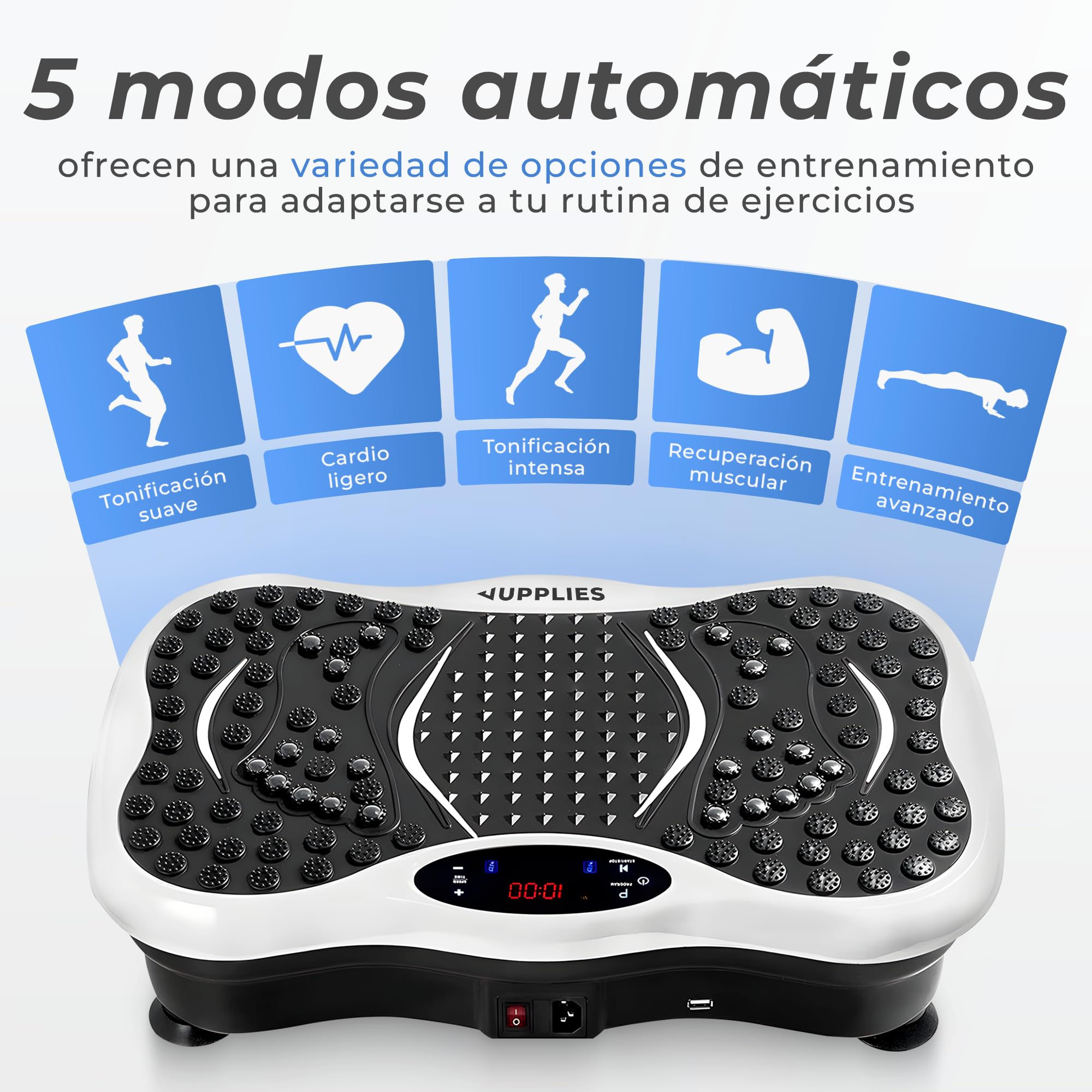 JUPPLIES Plataforma Vibratoria 200W - 5 Modos, 99 Velocidades, Bluetooth, Mando y 5 Bandas Elásticas - Plataforma Vibración Muscular para Adelgazar y Tonificar