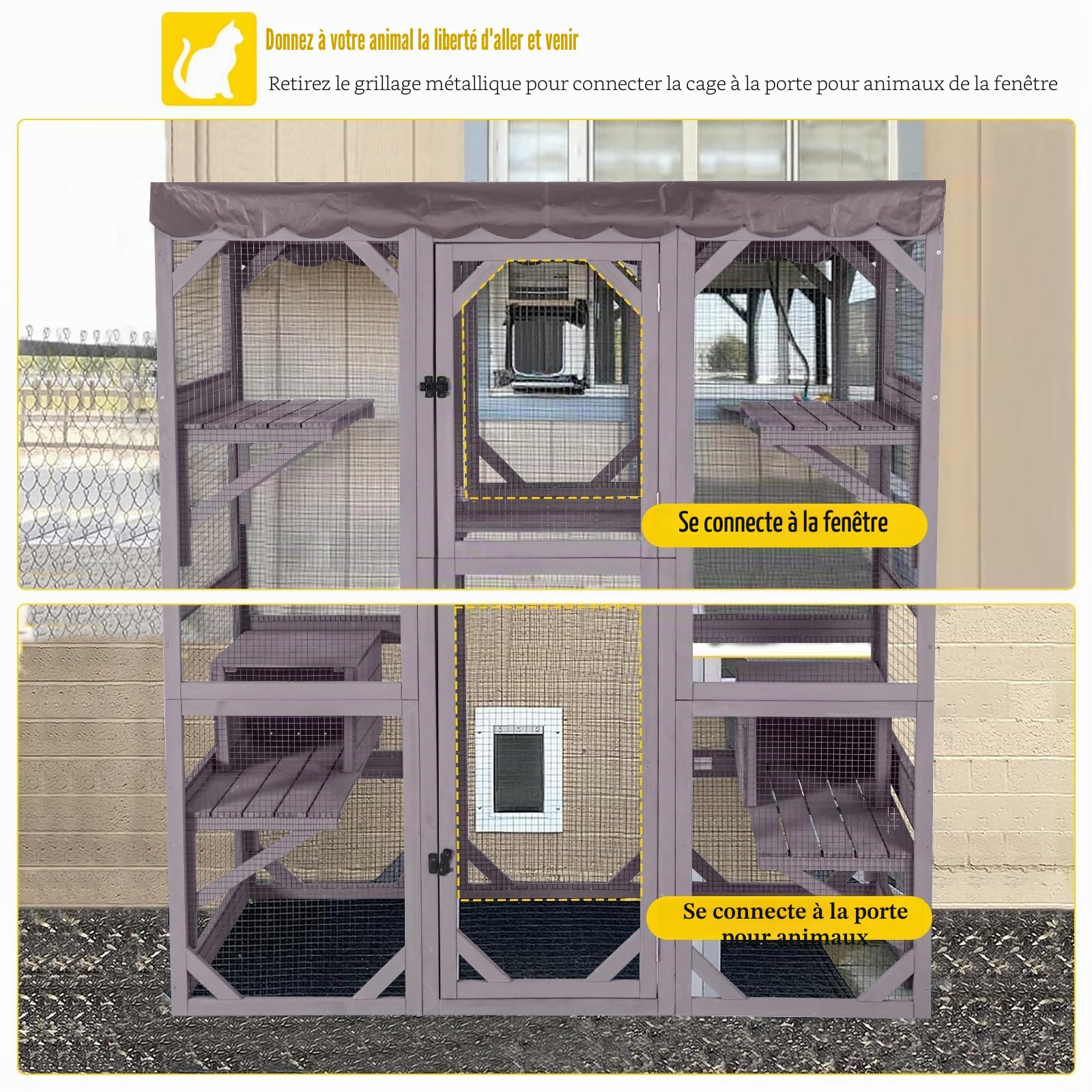 Maison pour chats en bois pour intérieur et extérieur, grand enclos pour chats sur roulettes, cage Catio avec bandes de bois renforcées, toit imperméable (Type B Moyen, Type D)