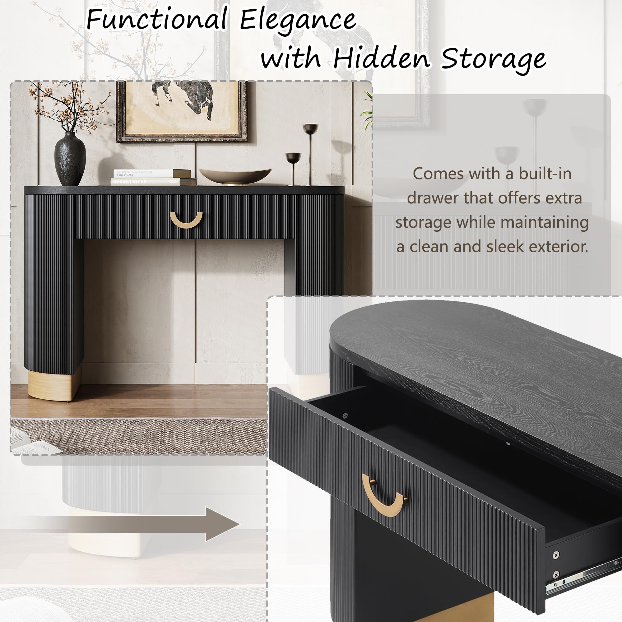 Tavolo consolle moderno con cassetto funzionale e gambe a colonna curve, design verticale a coste, tavolo d'accento per ingresso, per corridoio, soggiorno o dietro il divano