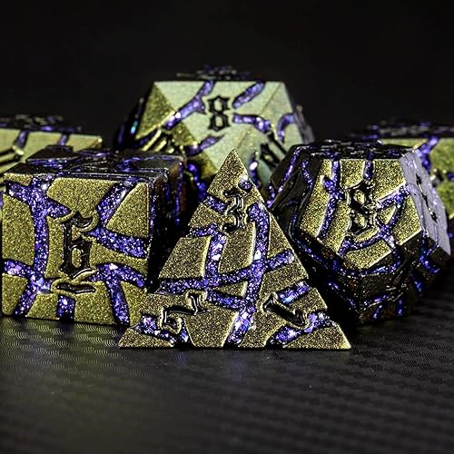 Miniatura 3 de DND - Juego de dados de metal D&D, dados metálicos con purpurina y caja de regalo para juegos de mesa RPG (color amarillo verdoso + morado)