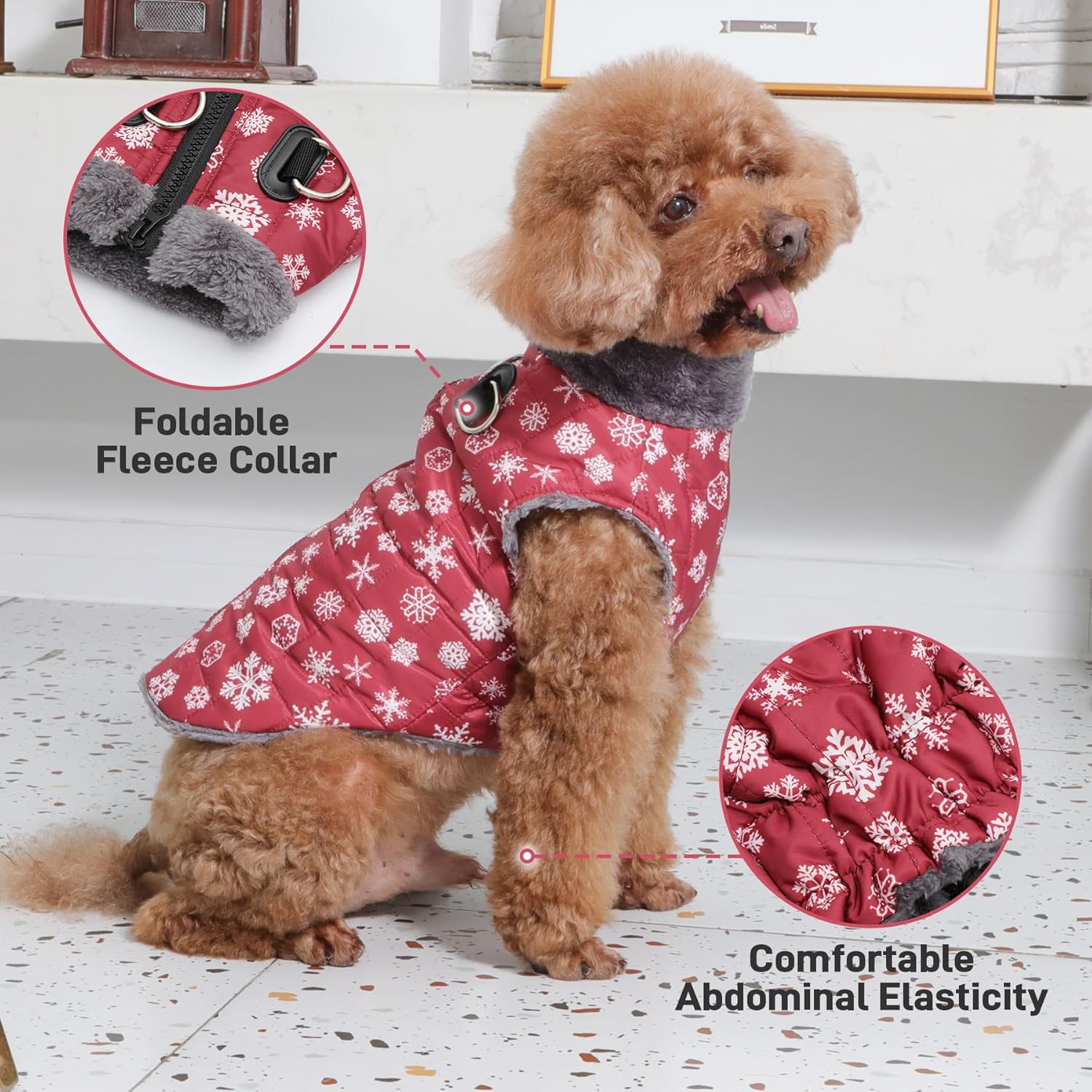 JoyDaog Warm Fleece Dog Coats with Durable Harness Buitl in D-Ring,Waterproof Puppy Jacket for Small Dogs,Dog Vest for Cold Winter,Red,Snow Pattern S