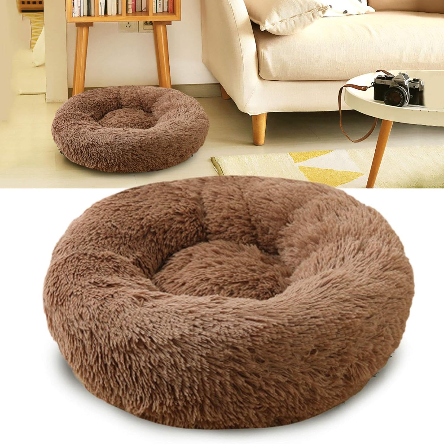 Cat Bed Cute Dog Bed Washable Pet Bed Cushion Donut Dog Bed Extra Soft Comfortable and Suitable for Cats and Small Medium Large Dogs (60 cm/23 inch Diameter)，Khaki