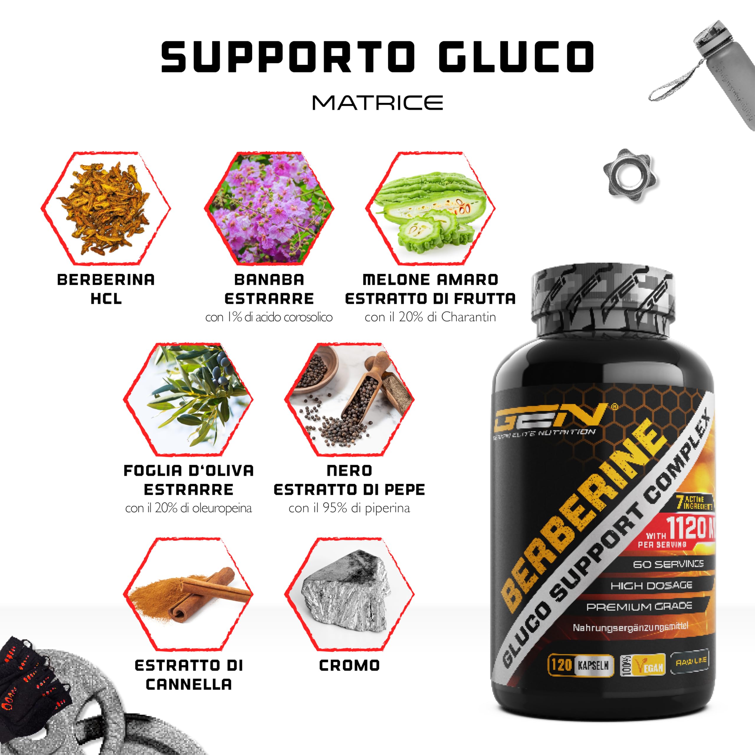 Complesso di Berberina HCL - Dosaggio Elevato con 1120 mg per Dose Giornaliera - Formula GDA con 7 principi attivi - 120 Capsule - Vegan