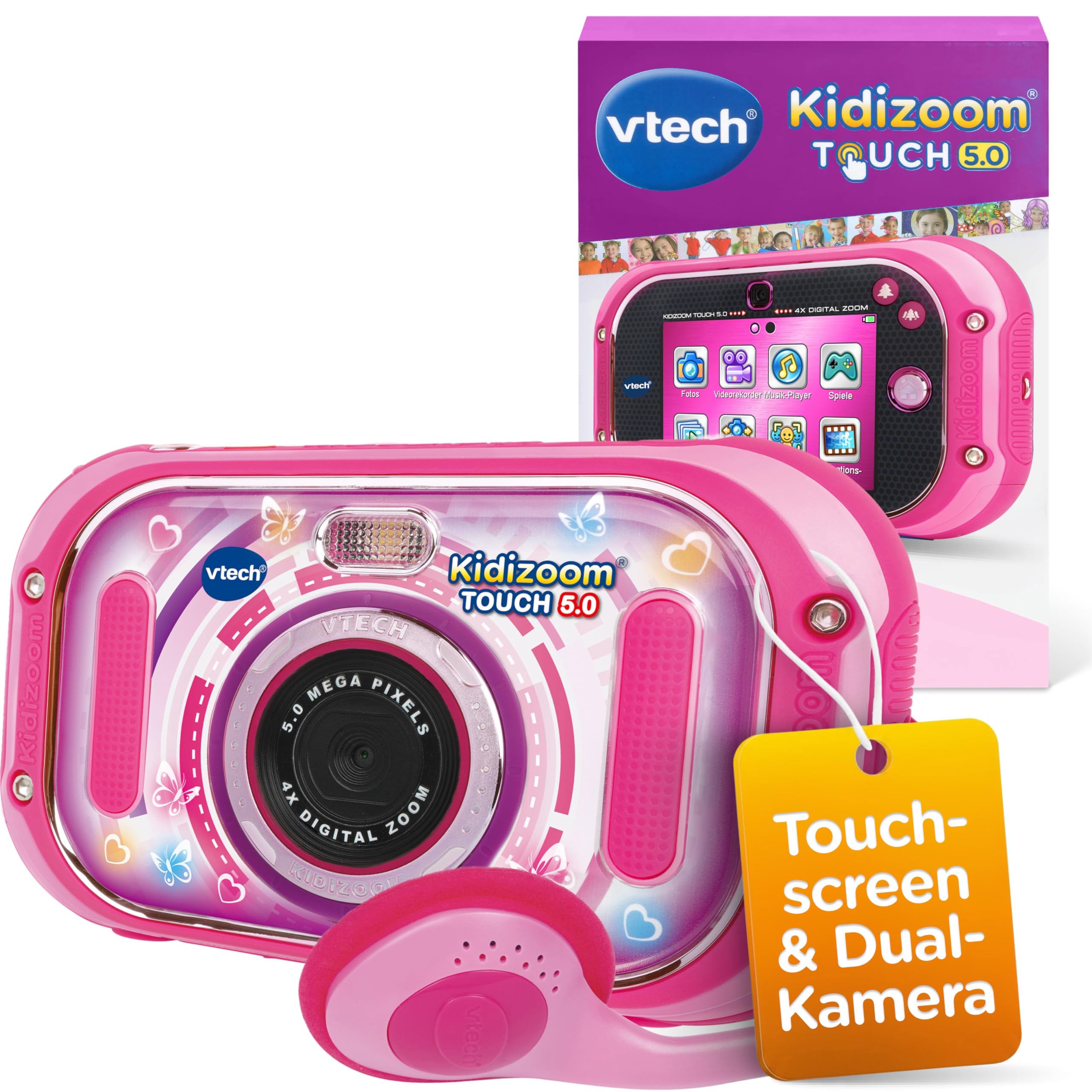 VTech KidiZoom Touch 5.0 I Digitale Kinderkamera mit Selfie- und Videofunktion I 3,5 Zoll Touchdisplay mit Musik, Spielen + Fotoeffekten I Lernspielzeug Technik für kreative Kinder ab 5 Jahren I Pink