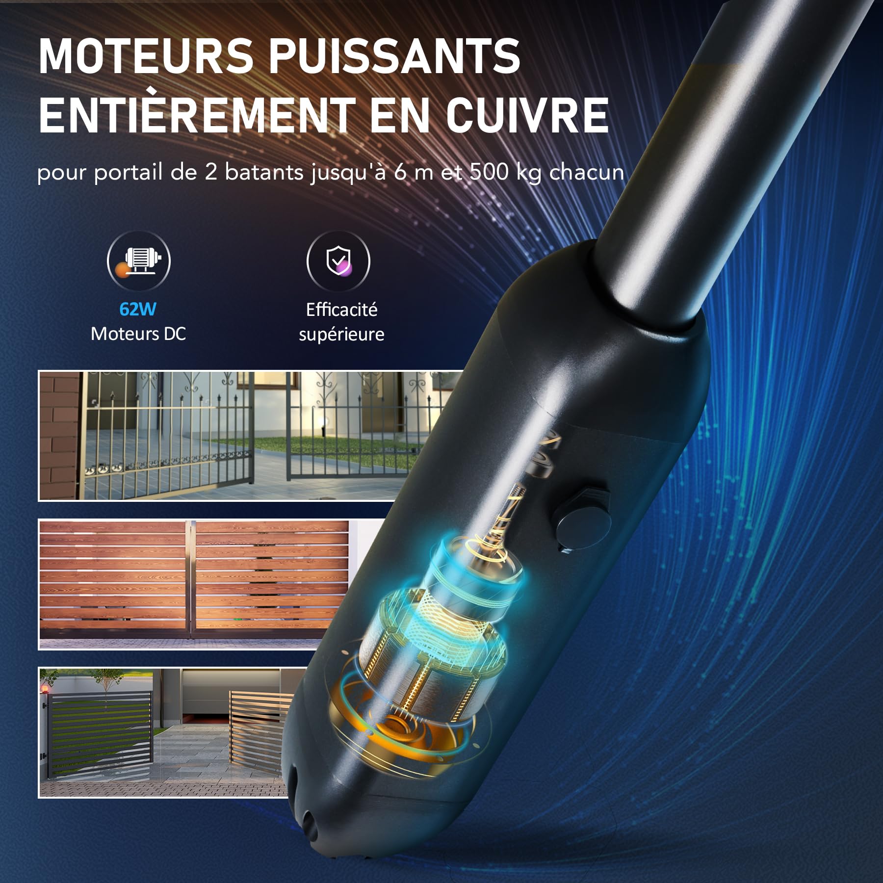 CO-Z Automatisme Portail Battant Double 220V/24V - 2 Moteurs DC 62W pour Vantaux Jusqu'à 1000KG et 6M - Alimentation Solaire ou Secteur - 2 Télécommandes Incluses - IP44