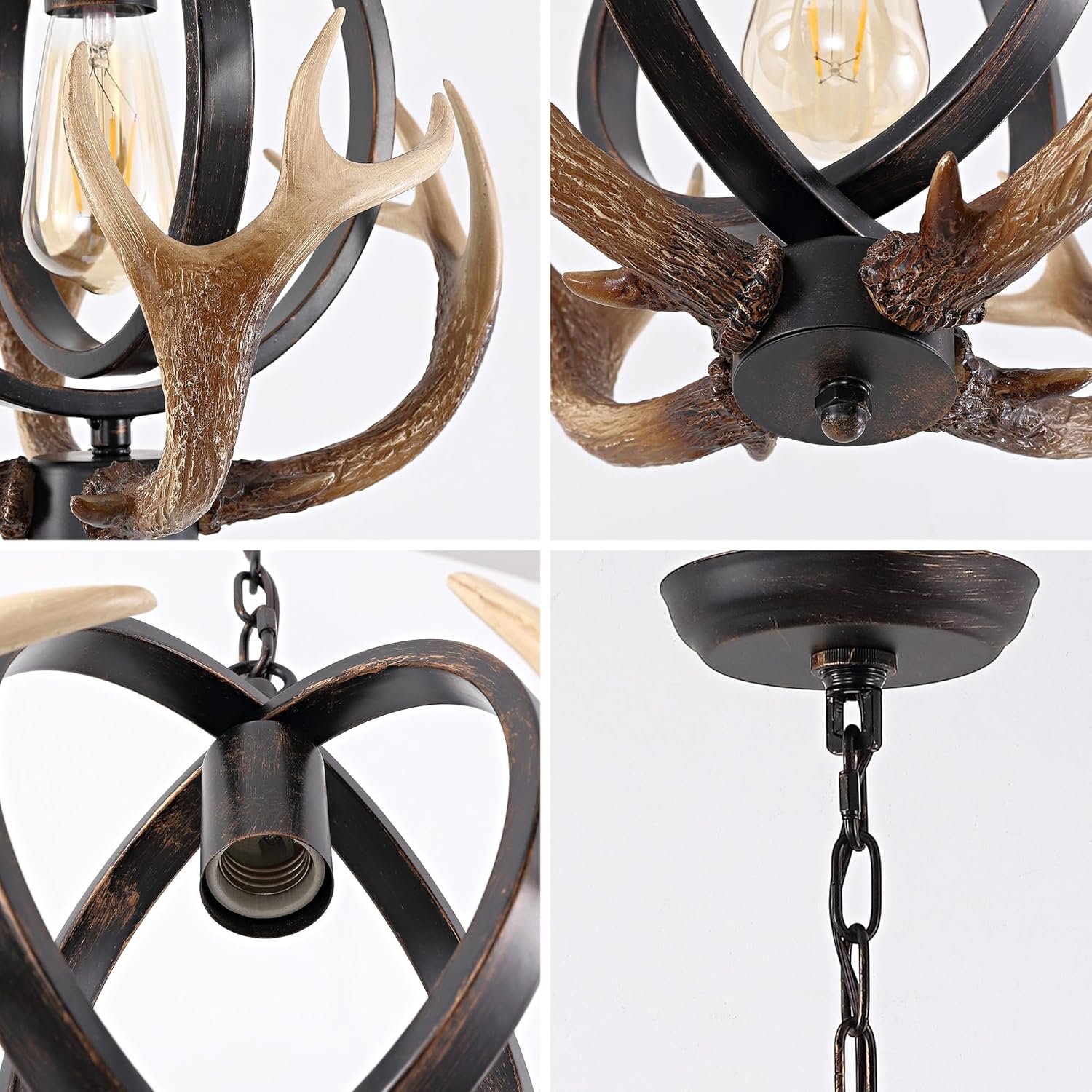 Rustic Antler Pendant Light, Metal Globe with Resin Antlers, 11.8 Inch, E26 Base, Brown, Indoor Hanging Light for Kitchen, Dining Room (1 Lights)