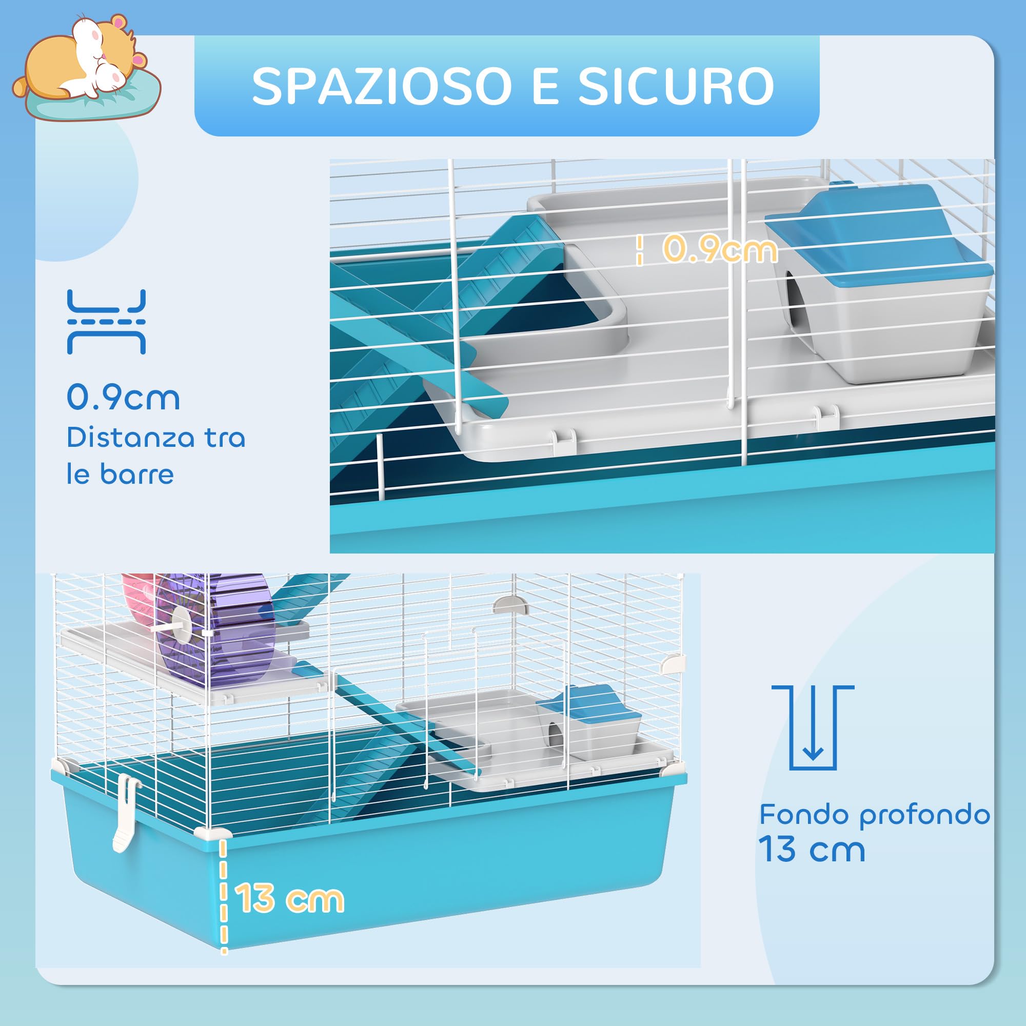 Gabbia Per Criceti PAWHUT A 6 Livelli Con Tubi, Casetta E Ruota - 58x36x81 Cm Azzurro | Habitat Per Roditori E Gerbilli - Foto 4