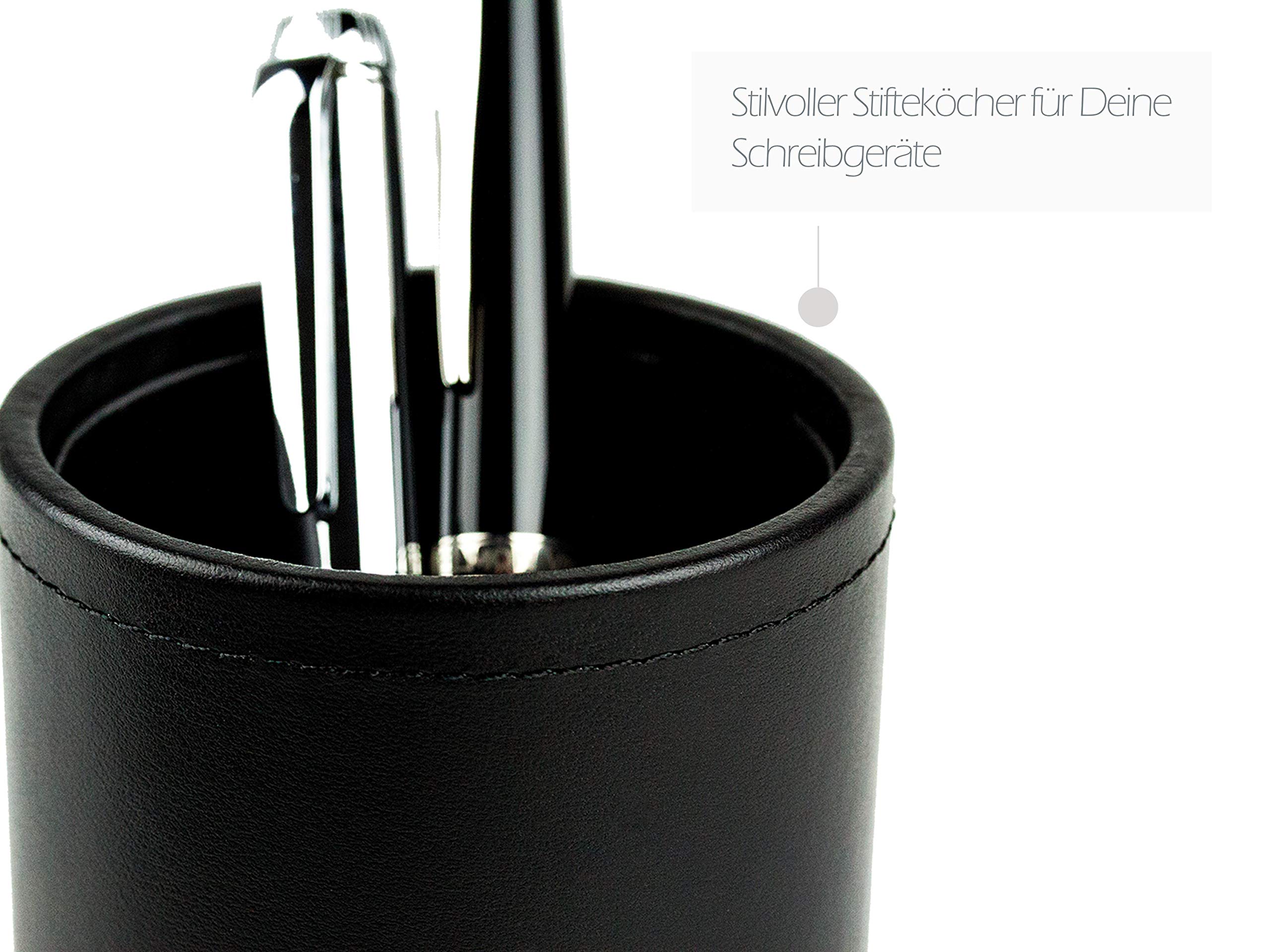 DELMON VARONE - Stifteköcher aus Premium Boxcalf Leder schwarz, Echtleder Stiftebecher mit PU Innenverkleidung und rutschfester Vliesunterseite, Eleganter Stiftehalter rund für Schreibtisch und Büro