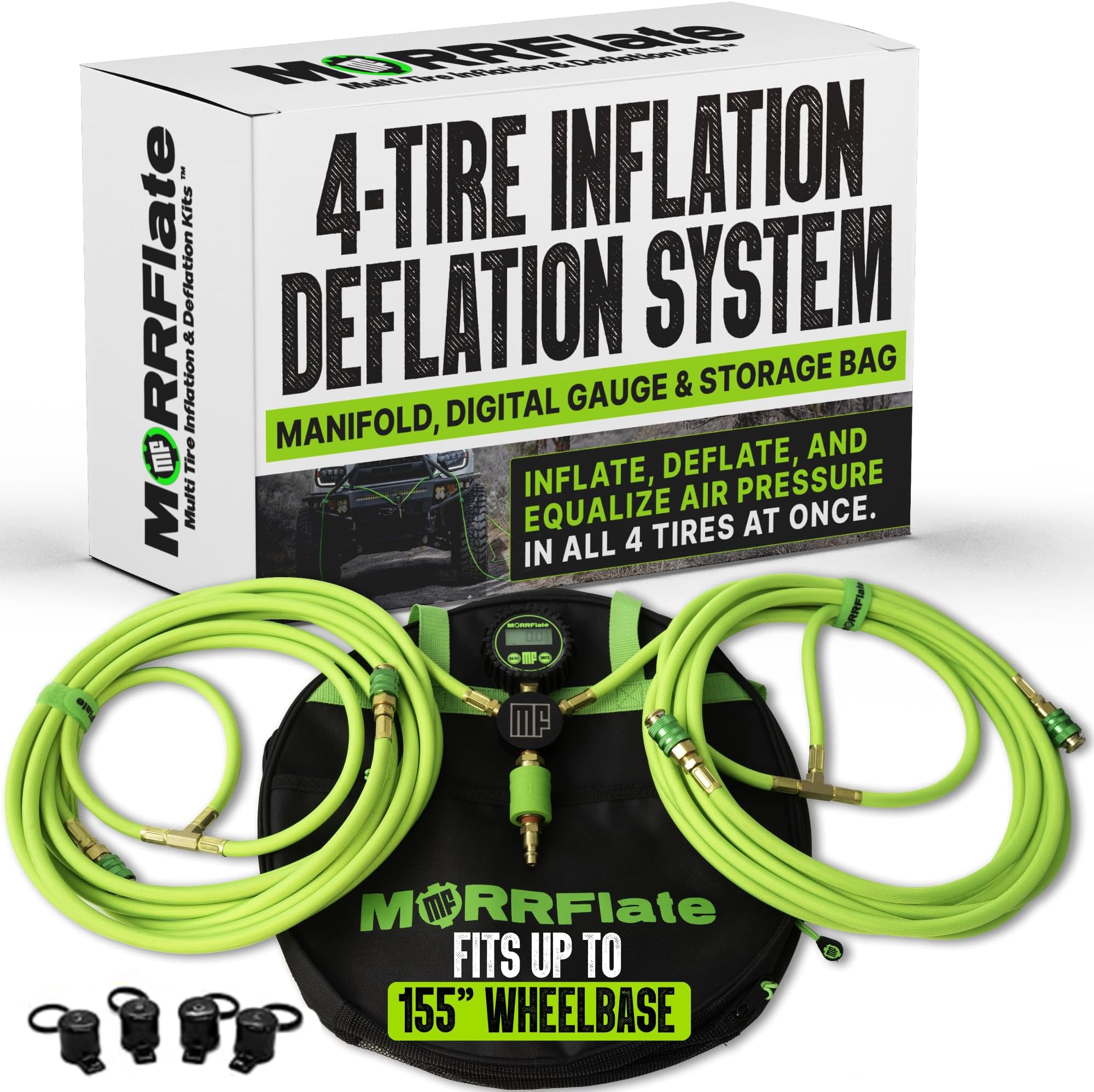 MORRFlate Quad+ 4 Tire Inflation & Deflation System – 800D Braided Hose – Fits Up to 155" Wheelbase – Manifold, Digital Gauge & Storage Bag Included (Hose Kit Only, No Compressor)