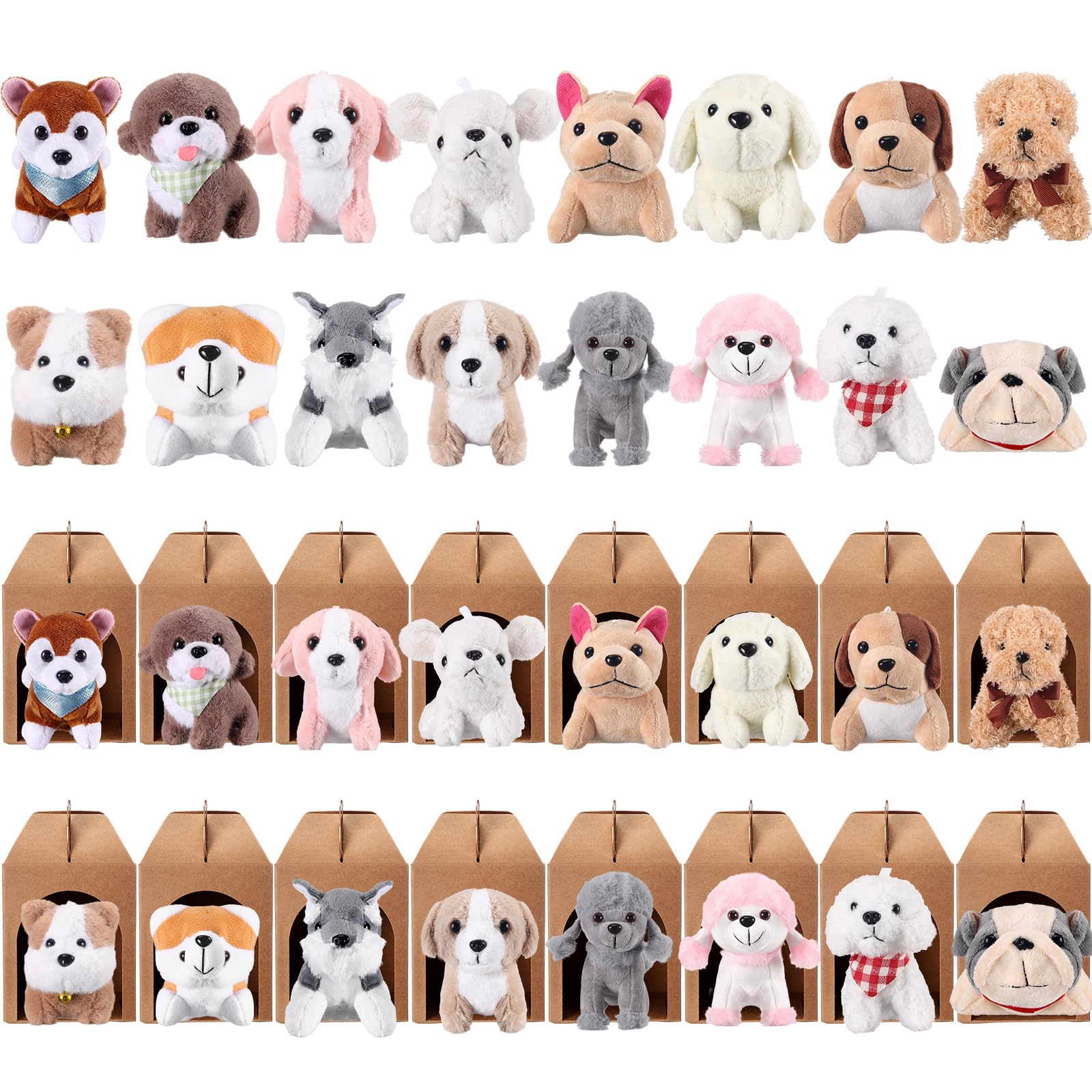 Patelai 32 Pcs Dog Party Supplies Include 16 Mini Plush Dogs Stuffed Puppy and 16 Foldable Kraft Puppy Boxes for Dog Party Pet Supplies Gifts(Classic)
