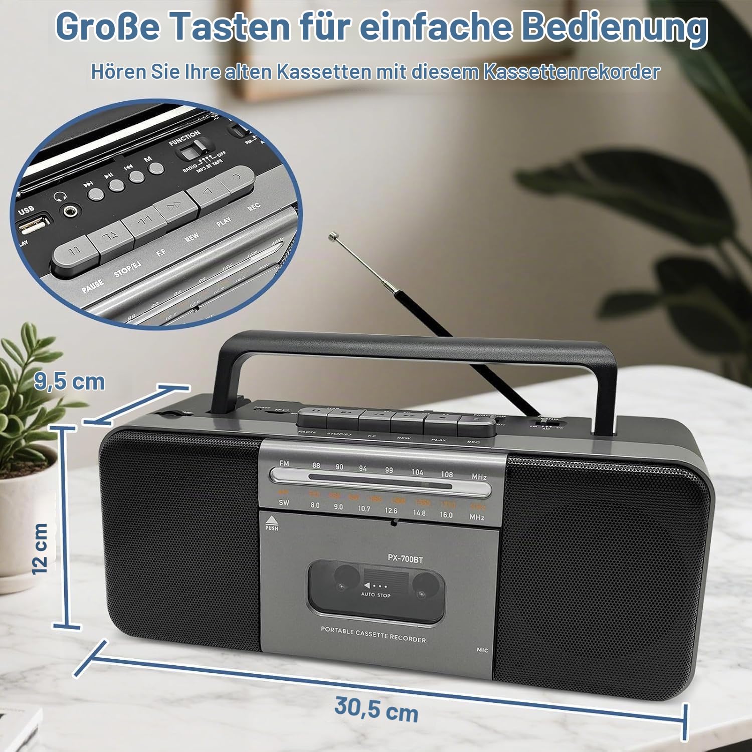 Tragbarer Bluetooth Kassettenspieler Boombox mit Kassettenrecorder, AM/FM/SW Radio, 10W Dual-Lautsprecher, USB/TF/MP3 Wiedergabe, Kopfhöreranschluss, Netz- & Batteriebetrieb - Grau