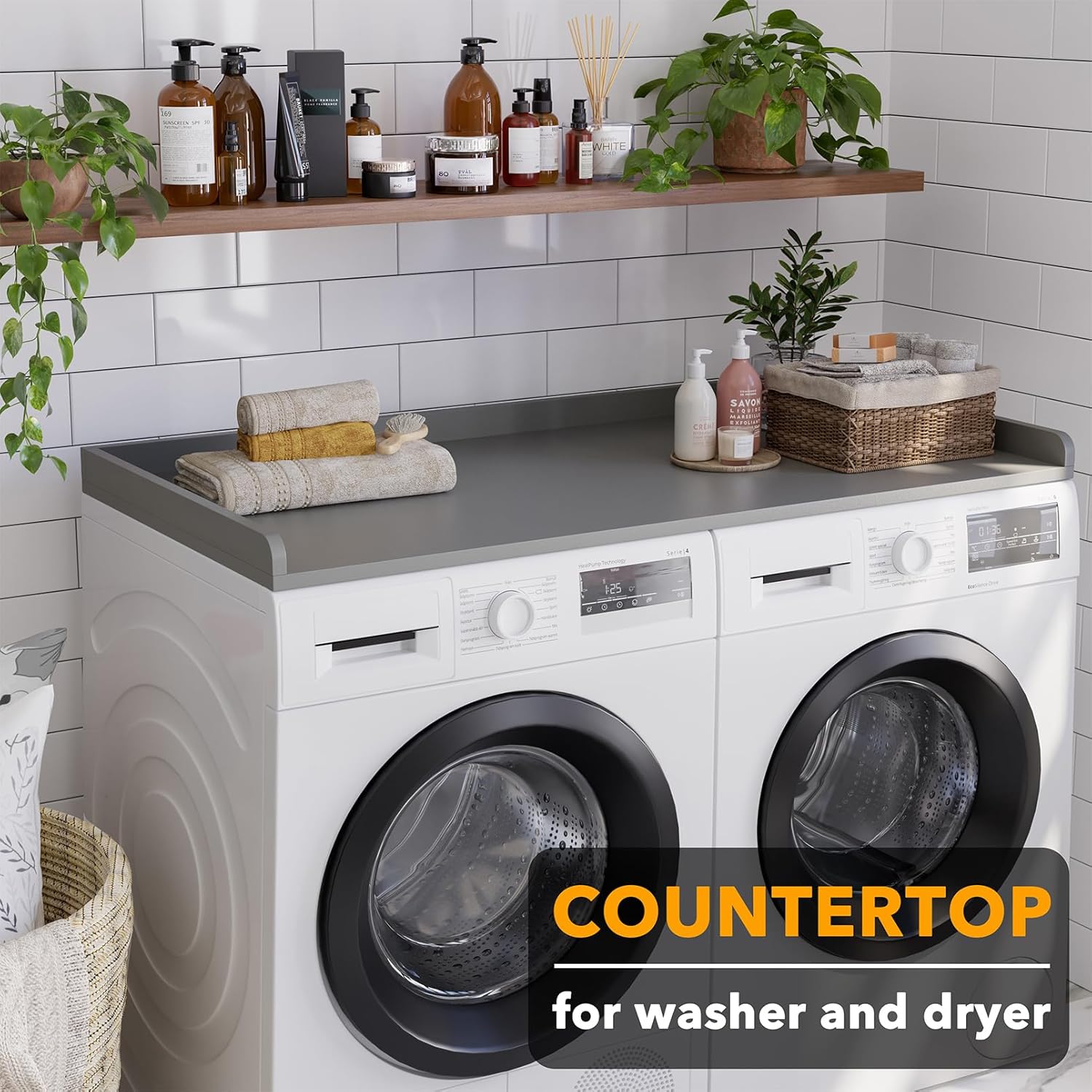 SpaceAid Washer Dryer Countertop, Laundry Wood Shelf Topper with Edge, 54" Width x 27.5" Depth Cover Guard Organizer for Washer and Dryer Laundry Hamper Counter Storage Organization (Gray) Large Gray