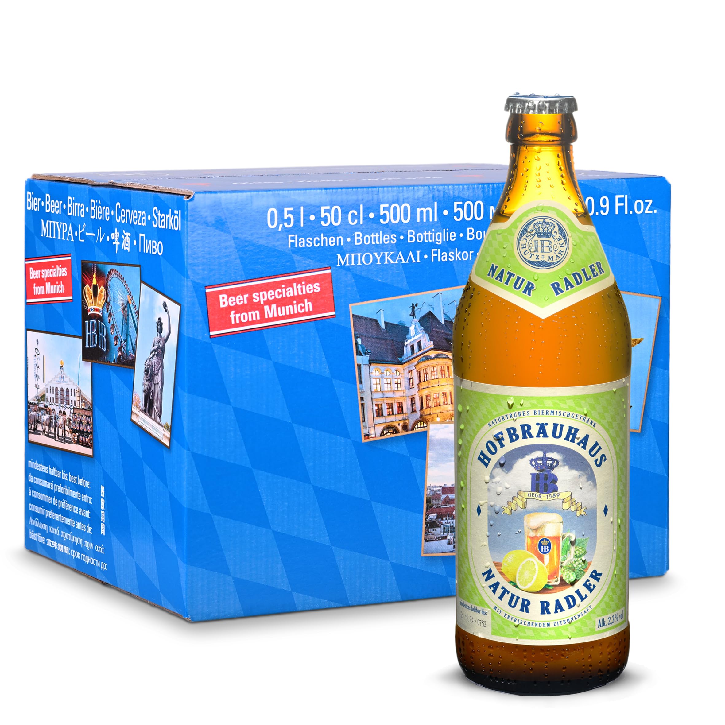 Hofbräuhaus Natur Radler – Biermischgetränk mit naturtrüber Zitronenlimonade | 2,3% Vol. | Fruchtig, spritzig & erfrischend | 12 x 0,5l Flaschen im Karton
