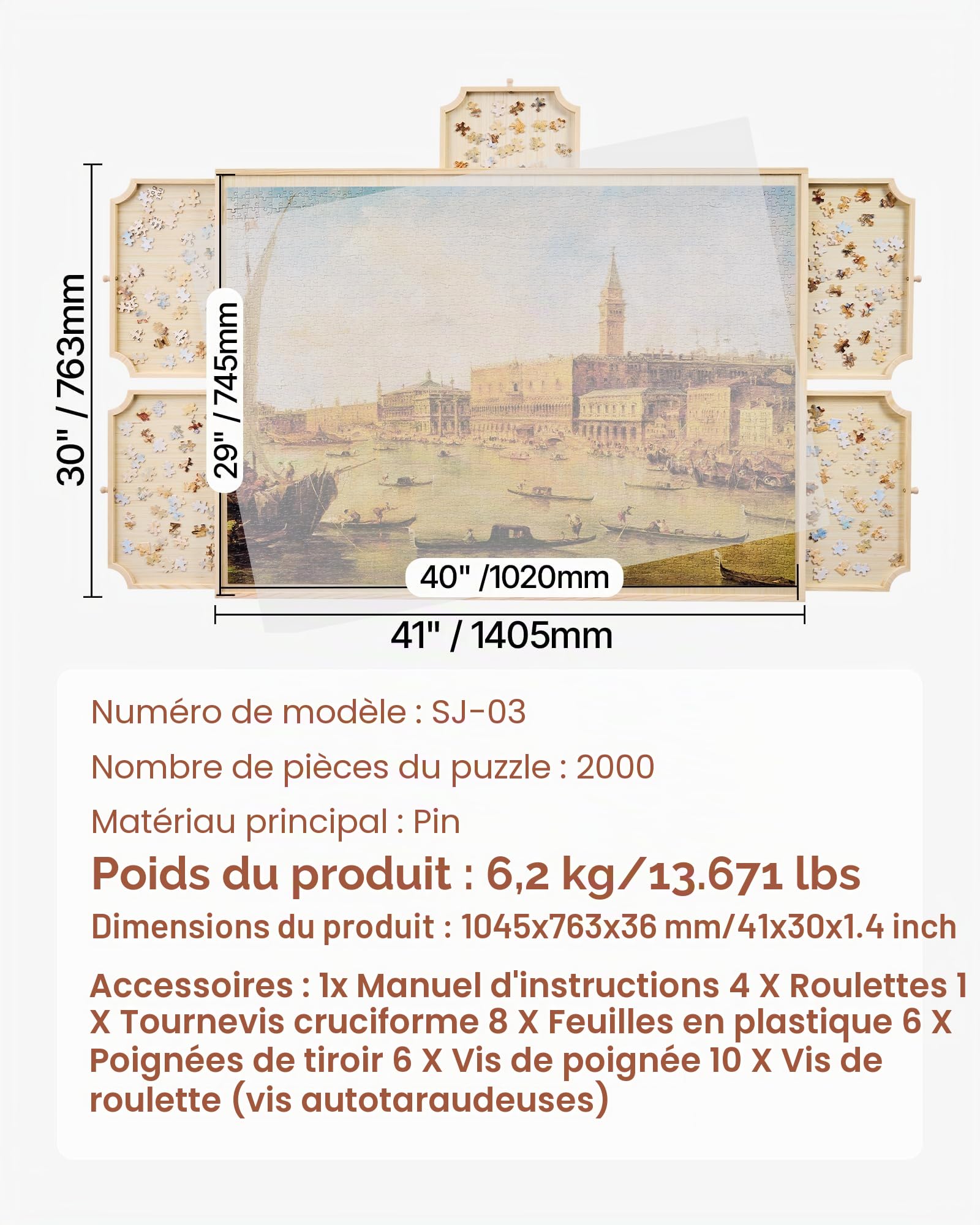 VEVOR Planche de Puzzle 2000 Pièces, Table de Puzzle en Bois 1020x745 mm, Plateau Casse-Tête Rotatif à 360° et Portable, avec 5 Tiroirs et Couverture Utile, Accessoire pour Amateurs de Casse-tête