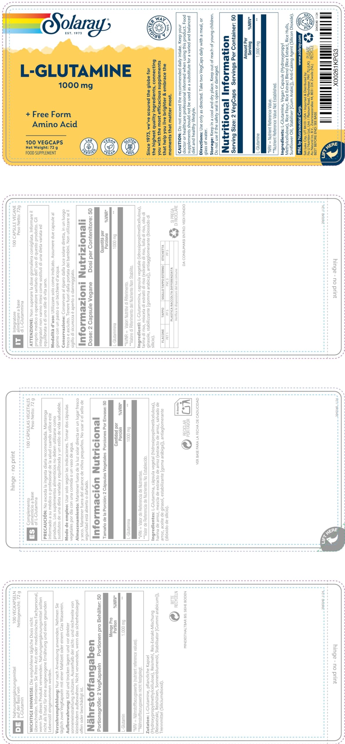 Solaray Glutammina 1000mg - 100 Capsule Vegane - 500mg di L-Glutammina per Capsula - Aminoacido di Alta Qualità - Integratore Pre Allenamento - Testata in Laboratorio