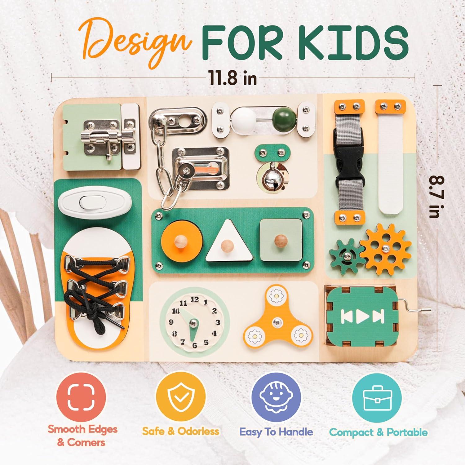 KALOTOYS Large Busy Board Montessori Toys for 1 2 3 Year Old - Sensory Toys for Toddlers 1-3 - Fine Motor Skills & Early Learning - Montessori Gift (Green - Medium Busy Board)